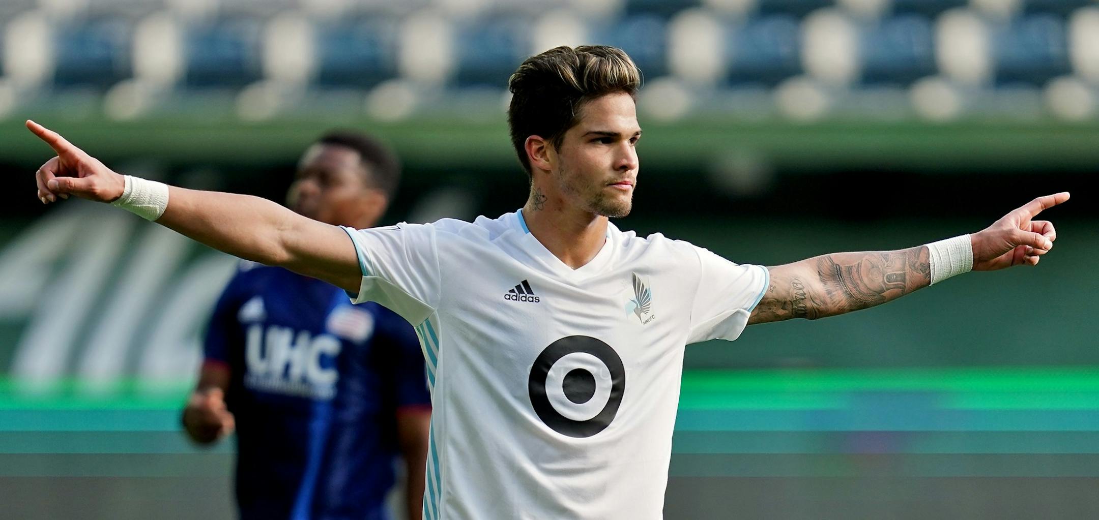 Minnesota United forward Luis Amarilla (9) reacts after scoring a goal during a preseason match against the New England Revolution at Providence Park in Portland, OR on February 16, 2020. (Photo by Craig Mitchelldyer for the Star-Tribune) ORG XMIT: 1010559071 ORG XMIT: MIN2002170834281828