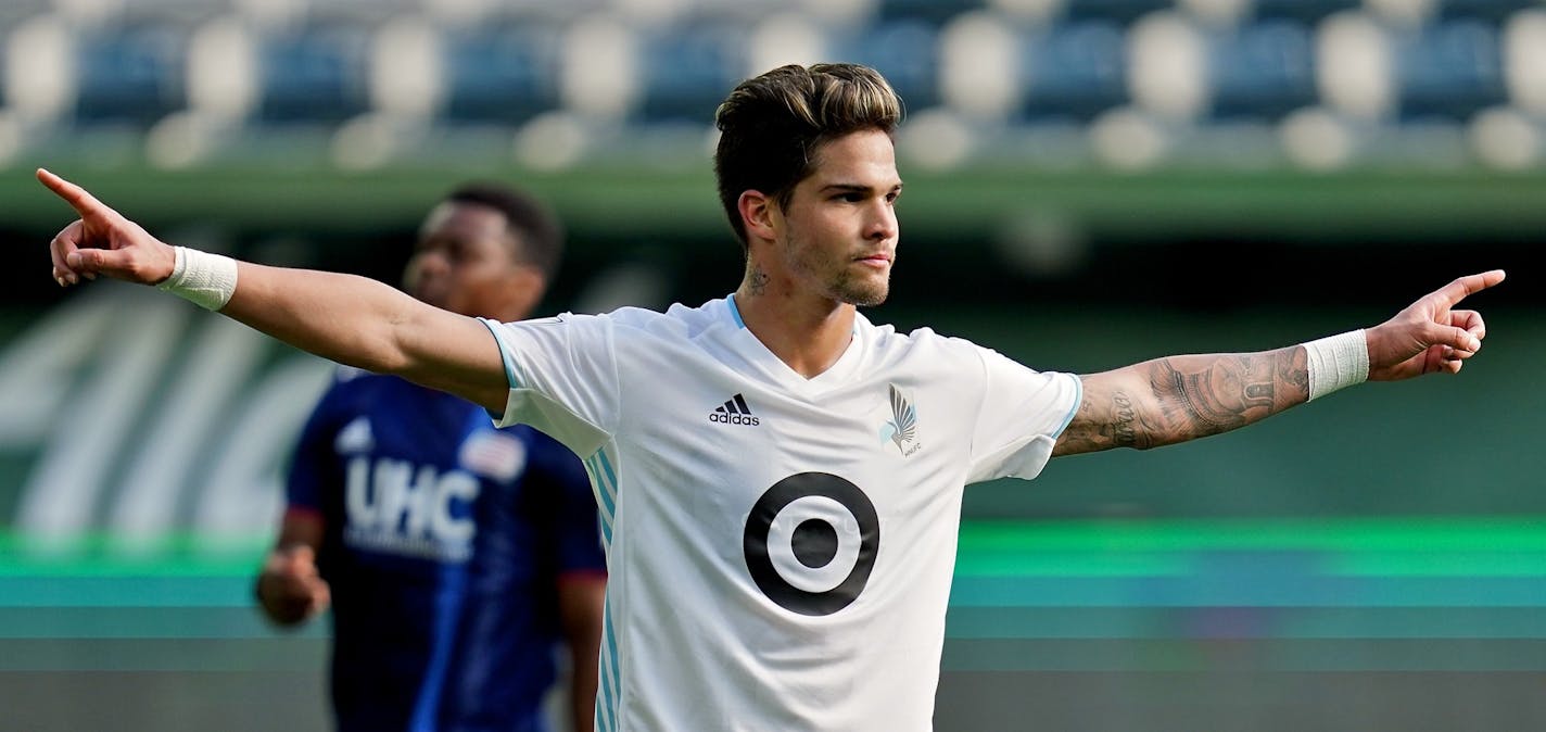 Minnesota United forward Luis Amarilla (9) reacts after scoring a goal during a preseason match against the New England Revolution at Providence Park in Portland, OR on February 16, 2020. (Photo by Craig Mitchelldyer for the Star-Tribune) ORG XMIT: 1010559071 ORG XMIT: MIN2002170834281828