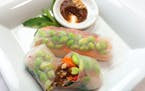 Robin Asbell, Special to the Star Tribune Edamame and Mint Summer Rolls With Peanut Sauce