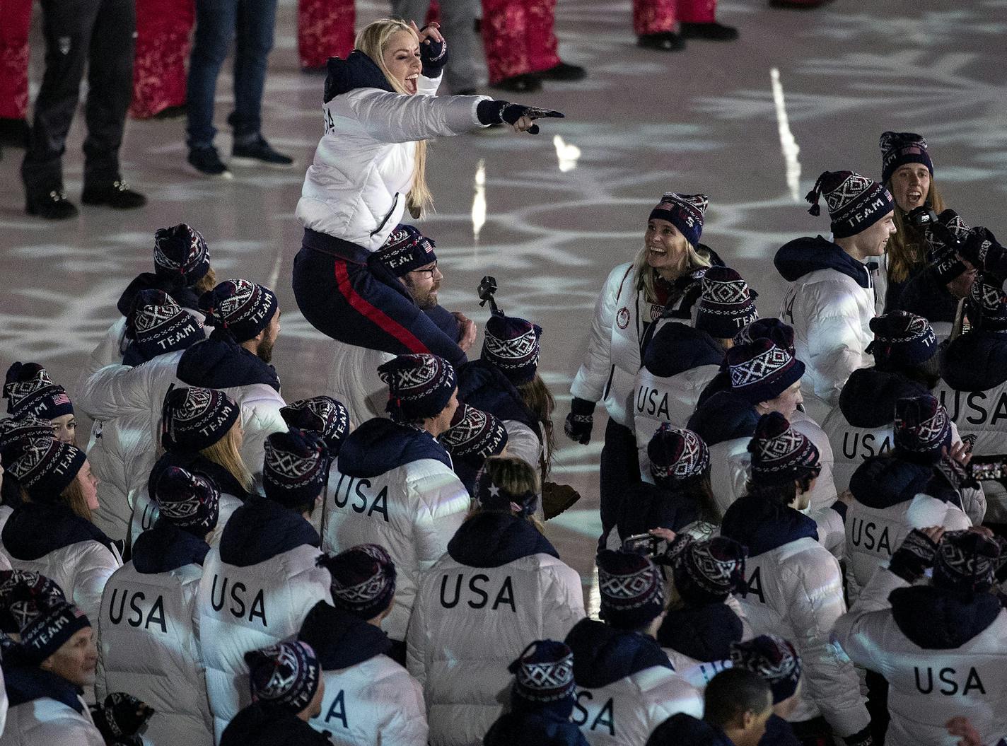 Lindsey Vonn is carried as Team USA enters Pyeongchang Olympic Stadium during the Closing Ceremony of the 2018 Pyeongchang Winter Olympics on Sunday, February 25, 2018 in South Korea. (Carlos Gonzalez/Minneapolis Star Tribune/TNS) ORG XMIT: 1224504 ORG XMIT: MIN1802251549180991