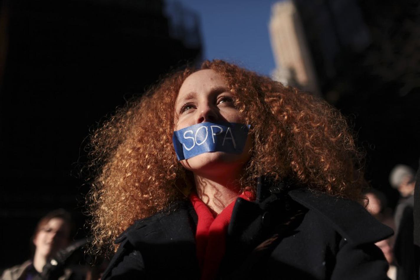 Anti-piracy bills have pointed up divisions in Congress. But Wednesday, protesters such as Nadine Wolf in New York were of a single mind.