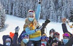 Jessie Diggins celebrated with teammates after winning the women’s cross-country Tour de Ski in Val di Fiemme, Italy in January.