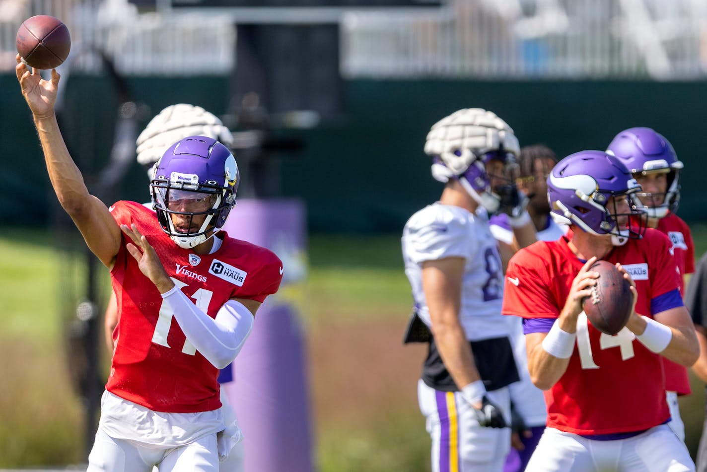 Minnesota Vikings quarterbacks Kellen Mond (11) and Sean Mannion (14) at Training Camp, Wednesday, August 10, 2022, at TCO Performance Center in Eagan, Minn. ] CARLOS GONZALEZ • carlos.gonzalez@startribune.com