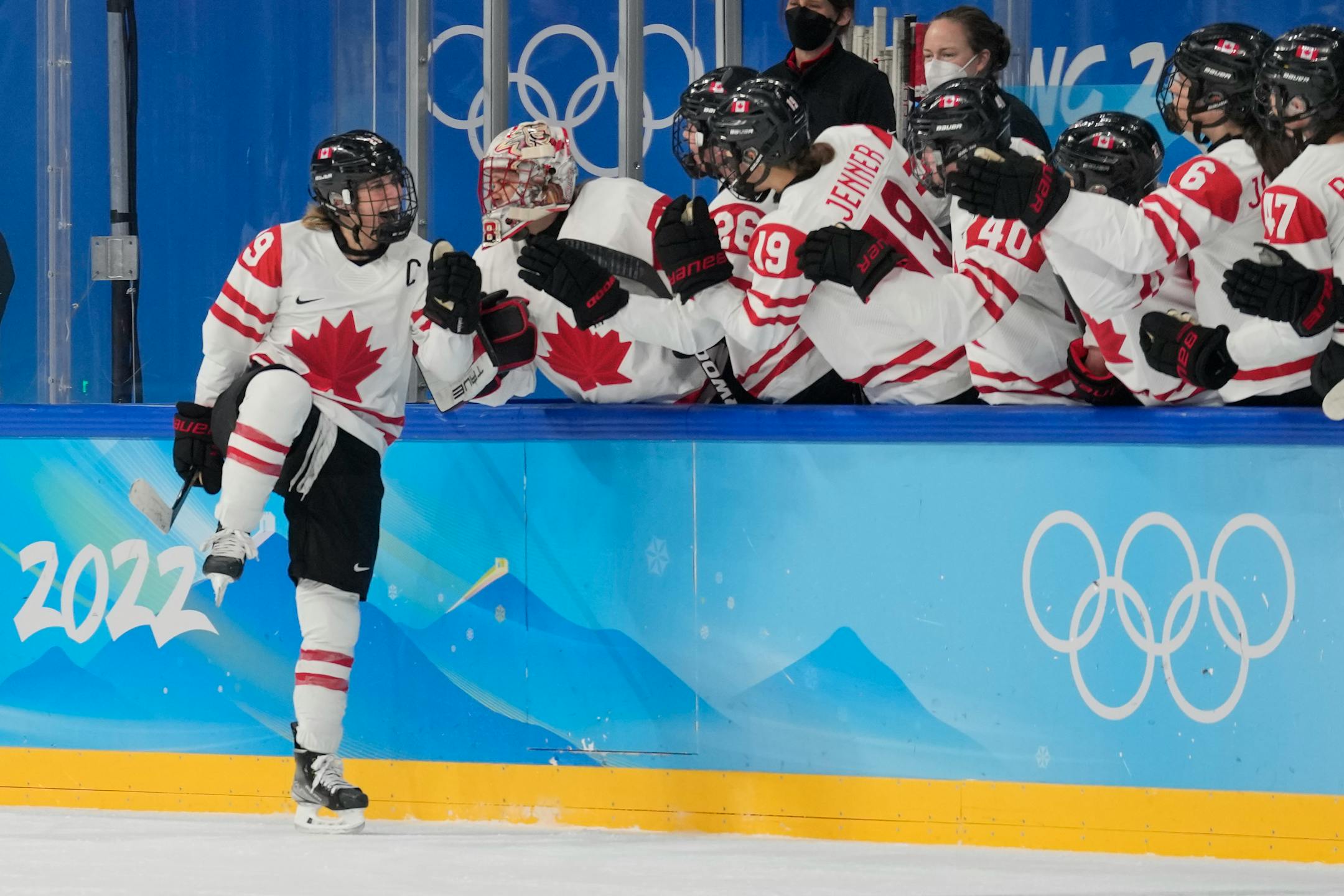 Canada's Marie-Philip Poulin (29) celebrates after scoring on a penalty shot against the United States during a preliminary round women's hockey game at the 2022 Winter Olympics, Tuesday, Feb. 8, 2022, in Beijing. (AP Photo/Petr David Josek)