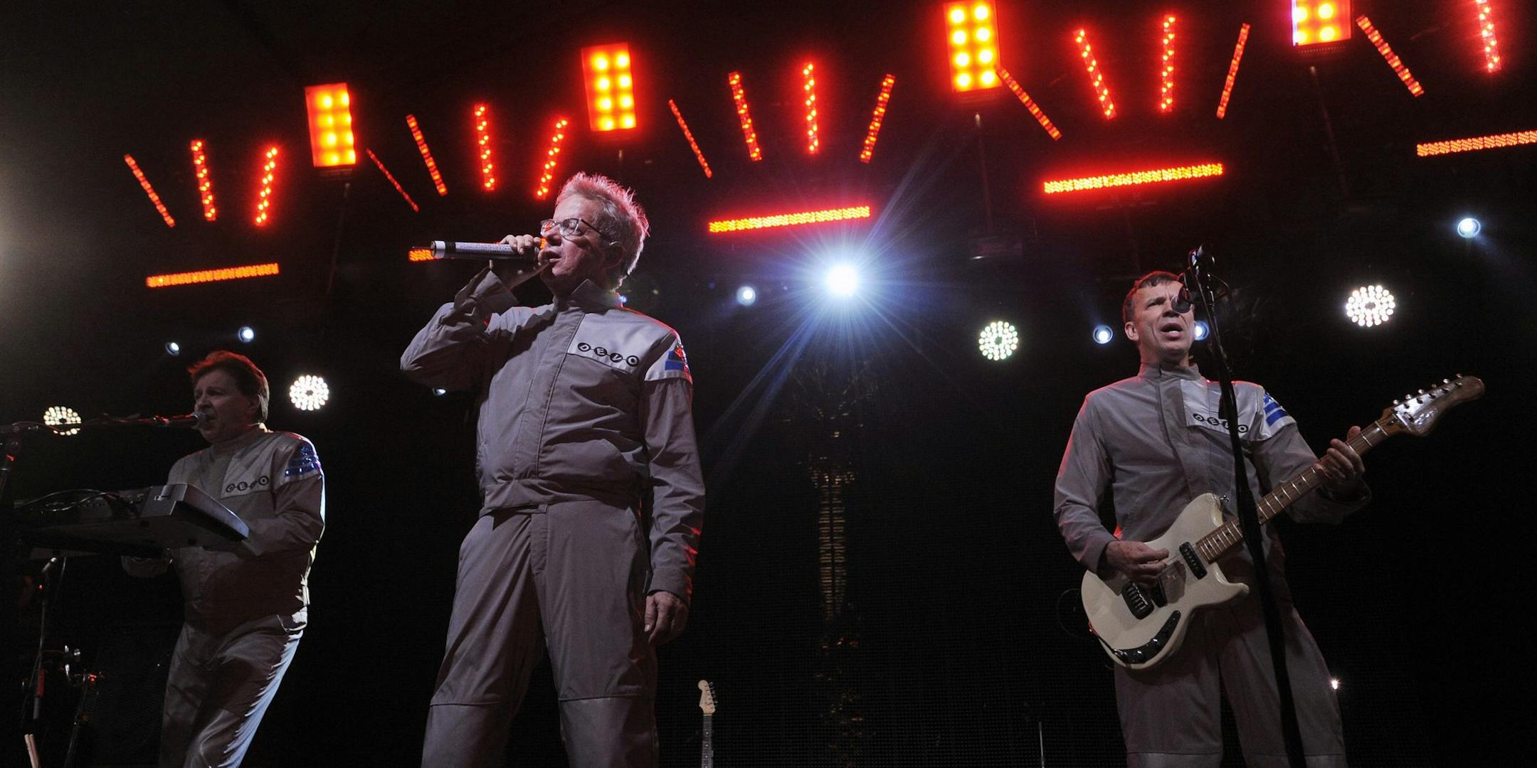 The band Devo performs at a midnight show at the close of the second day of the Coachella Valley Music and Arts Festival in Indio, Calif., Saturday, April 17, 2010. (AP Photo/Chris Pizzello)