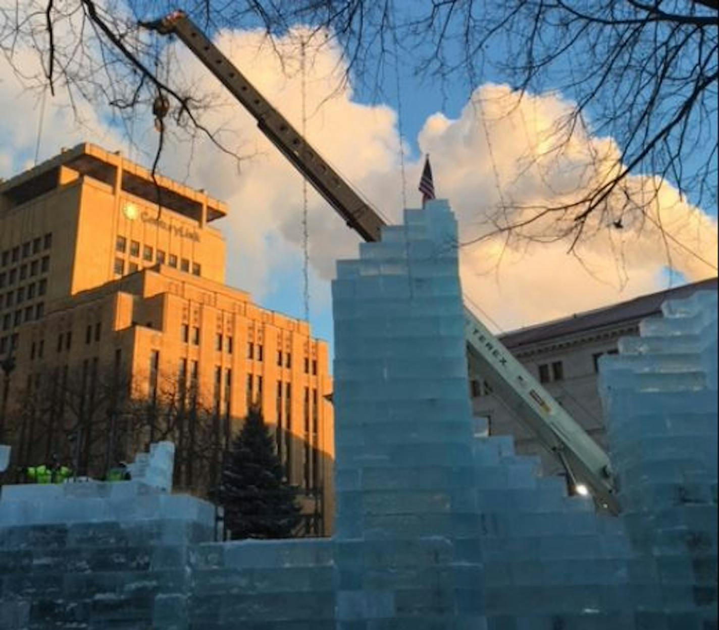 The Winter Carnival Ice Palace, now named the Ecolab Ice Palace, continues to rise in St. Paul.