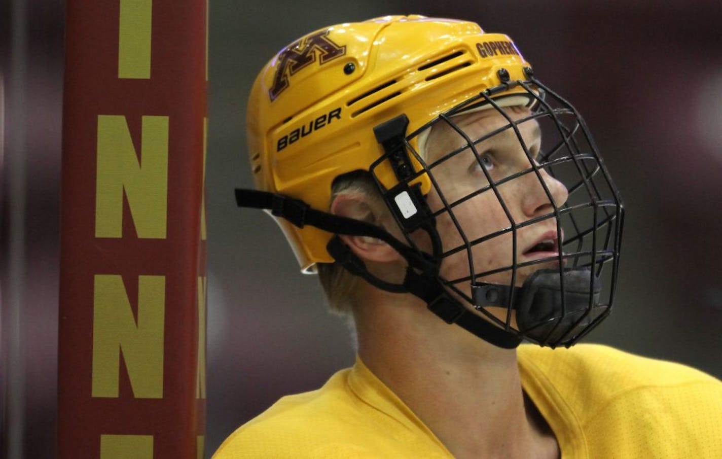 Nick Bjugstad looked up during hockey practice at Mariucci Arena earlier this season