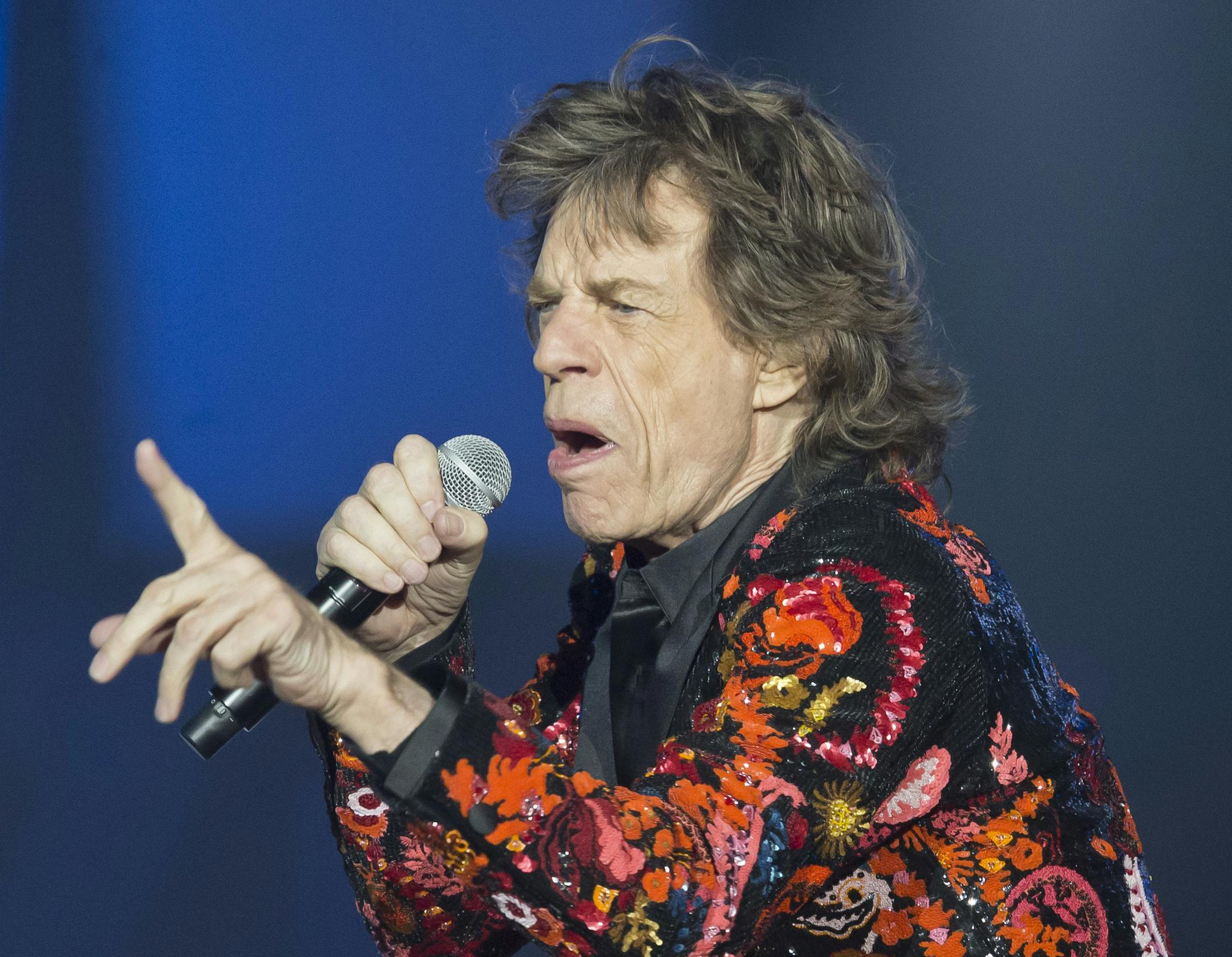 FILE - In this Oct. 22, 2017 file photo, Mick Jagger of the Rolling Stones performs during the concert of their 'No Filter' Europe Tour 2017 at U Arena in Nanterre, outside Paris, France.