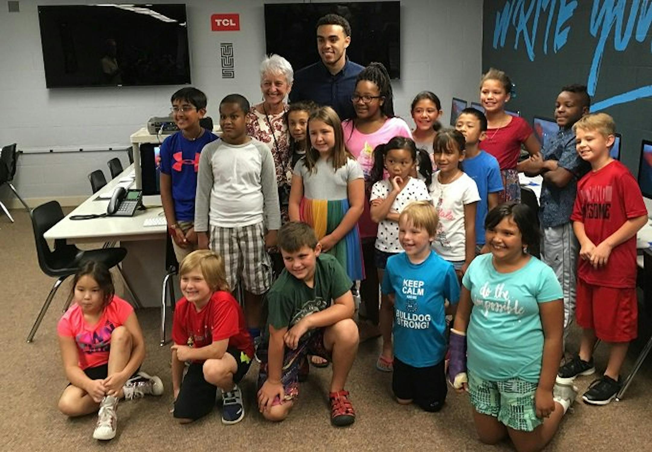 Tyus Jones returned to his former elementary school, Westview, in Apple Valley to unveil a new "technology lab" for the school Jones helped fund in partnership with TV manufacturer TCL as part of his Write Your Own Story campaign.