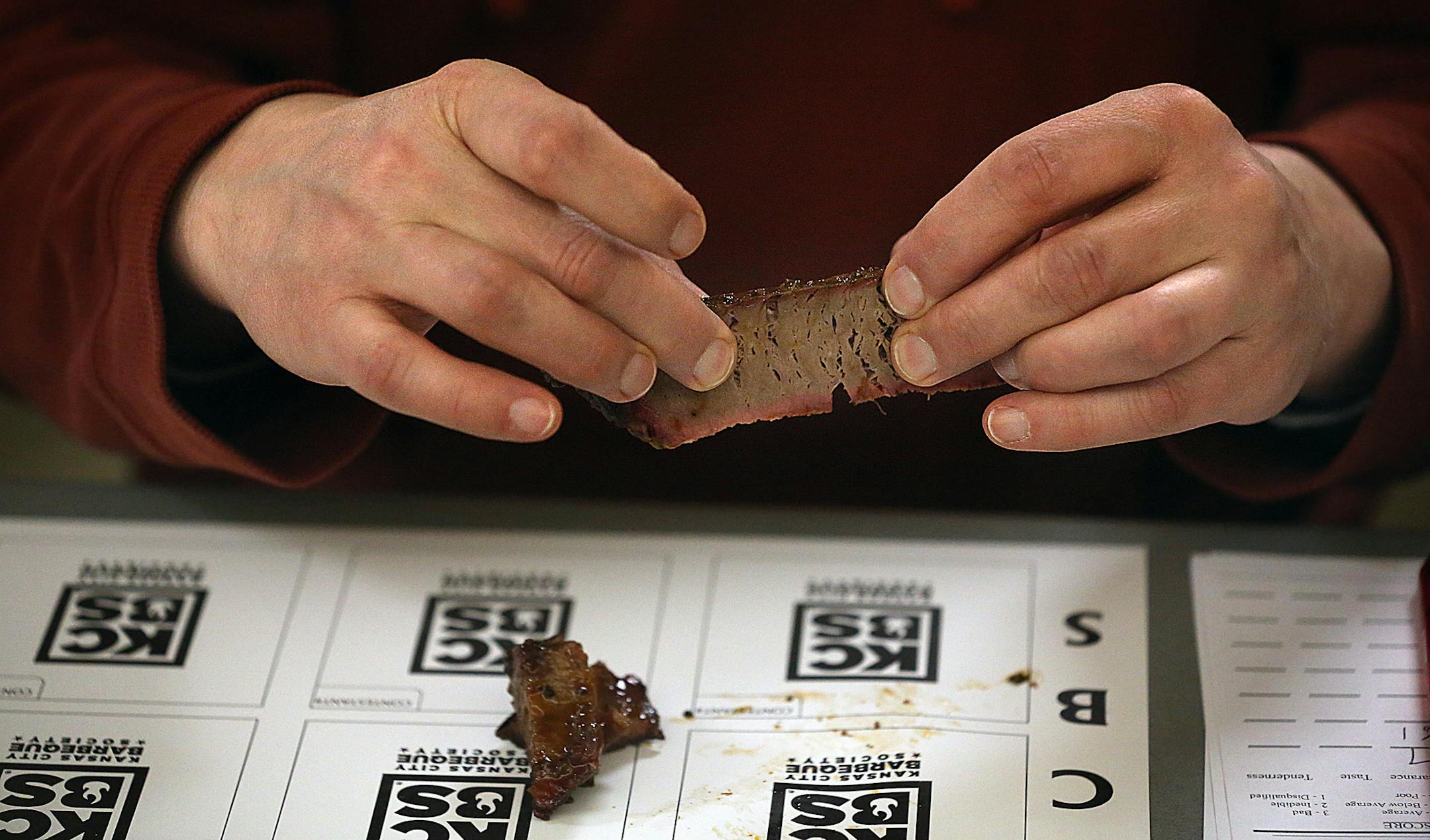 Judges use an official Kansas City Barbeque Society Judging Plate during the judging process, in this case while judging brisket. ] JIM GEHRZ ï james.gehrz@startribune.com / Owatonna, MN / March 28, 2015 /12:00 PM - BACKGROUND INFORMATION: Becoming a certified BBQ judge is tough work, but somebody has to do it. We attend a certification class in Owatonna, one of only two in the state this year. We'll look at who does it, how stringent are the qualifications, and learn the nuance of great BB