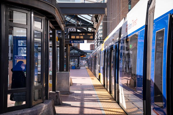 A Blue Line train stopped at the Government Center station in downtown Minneapolis. Metro Transit says overall crime on trains and buses declined by 2
