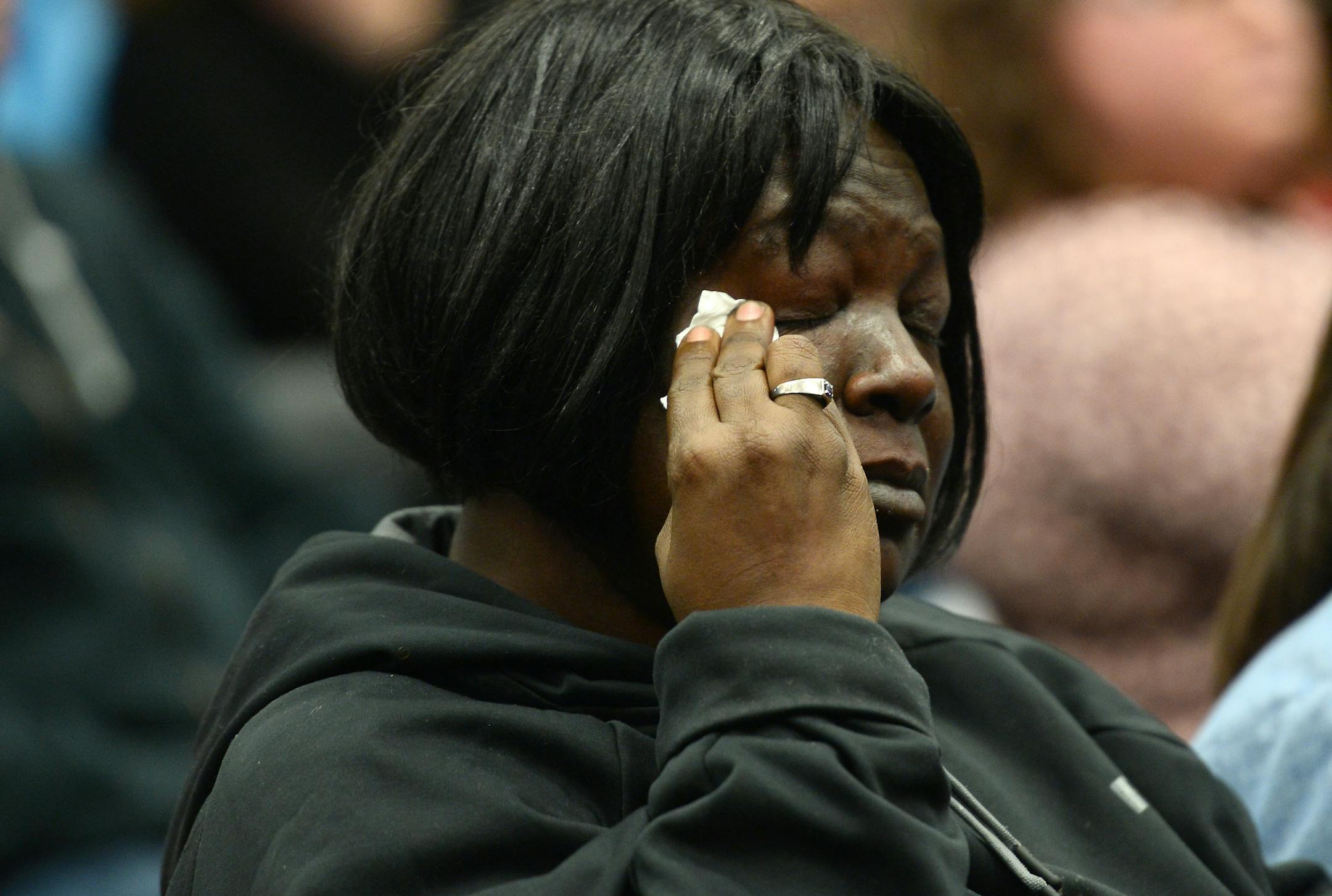 Tammy Gipson, of St. Paul, wiped away tears during a moment of silence called for by a public commenter for a John Broyles, a 17-year old Como High senior who was murdered on March 5. ] (AARON LAVINSKY/STAR TRIBUNE) aaron.lavinsky@startribune.com As the St. Paul school board gets set to vote Tuesday on a teachers contract containing new school-safety provisions, the district reports that assaults on staff members are up from a year ago. In fact, the 44 assaults reported to the district's emergen