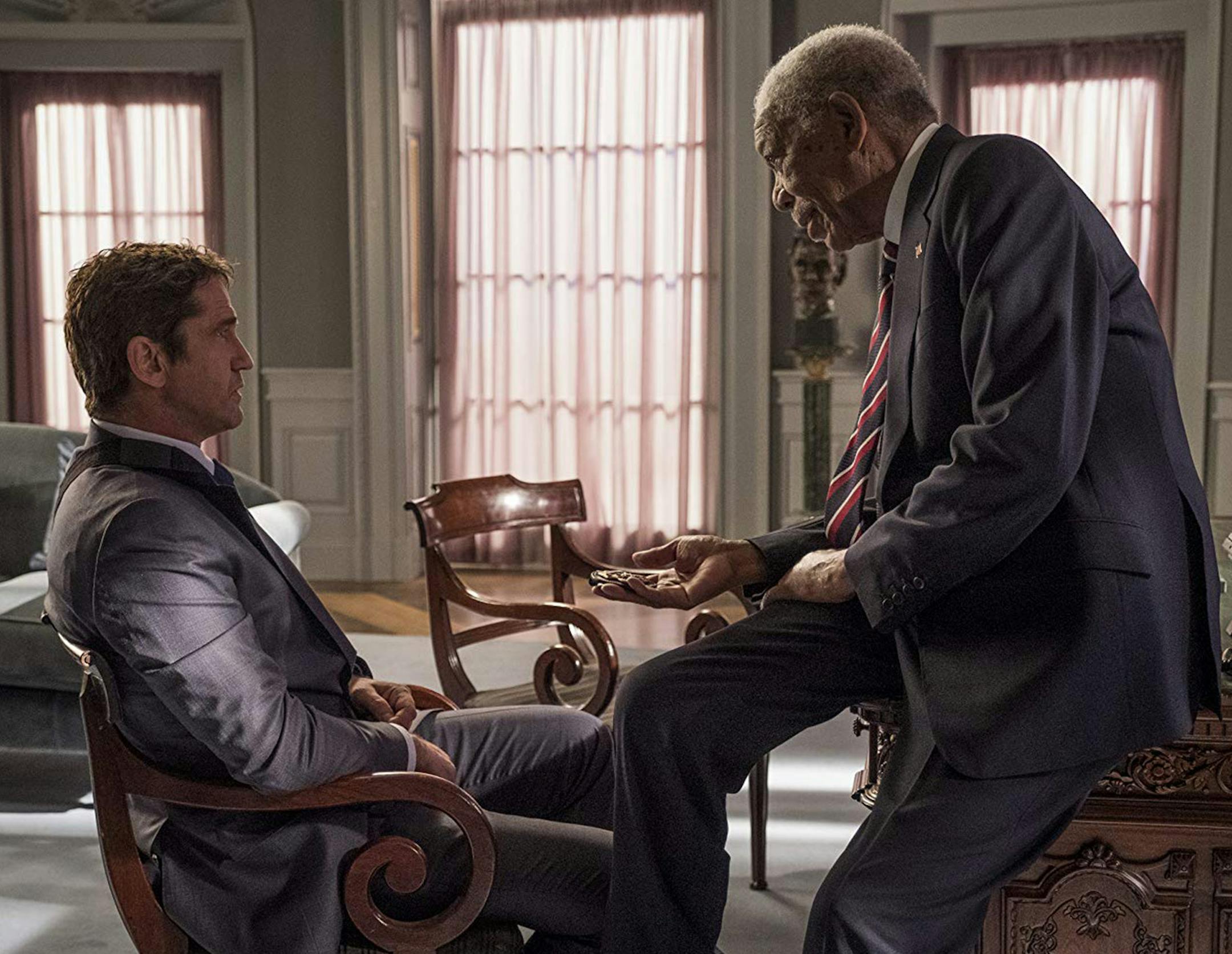 Morgan Freeman and Gerard Butler in "Angel Has Fallen." (Lionsgate) ORG XMIT: 1398159