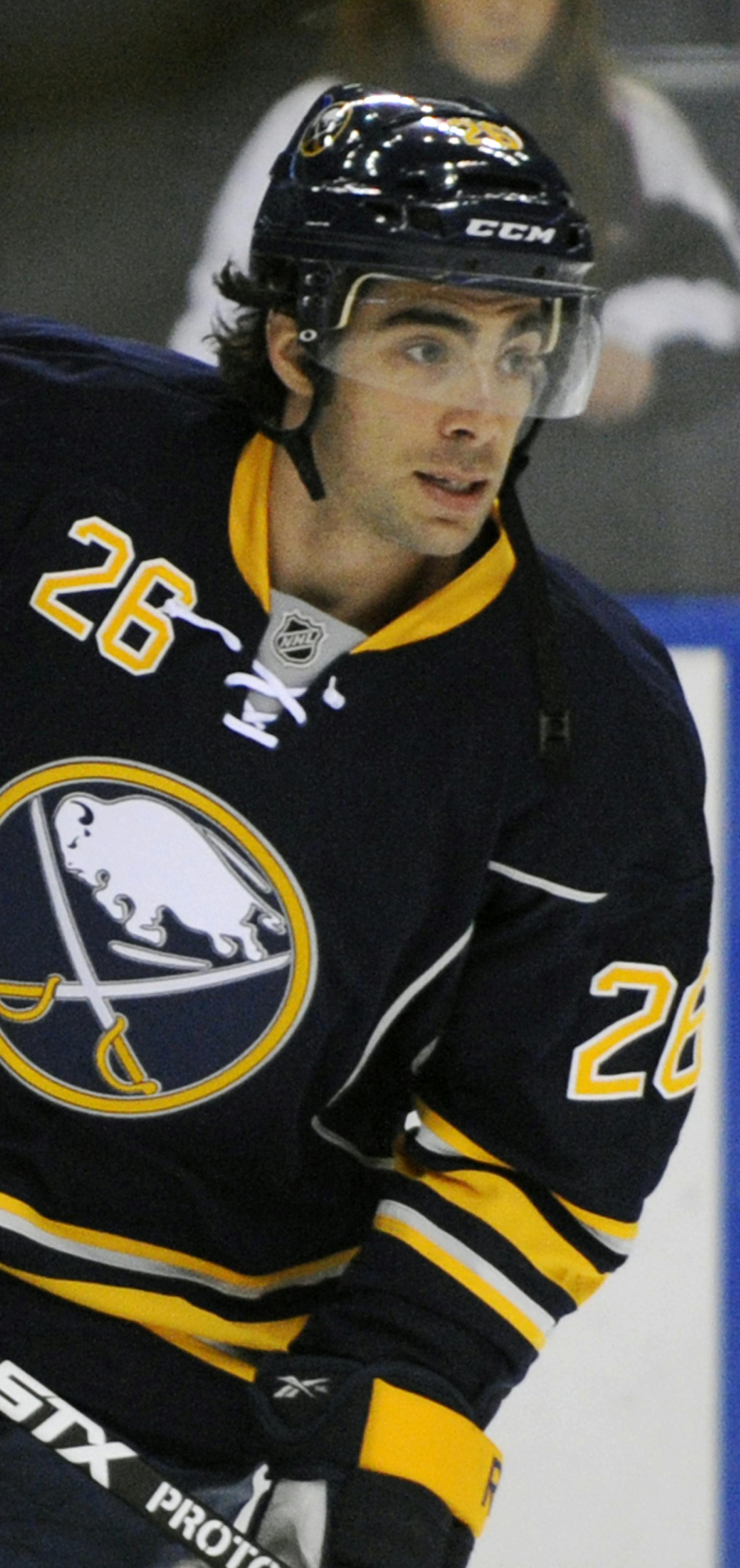Newly acquired Buffalo Sabres left winger Matt Moulson takes part in a pre-game skate during an NHL hockey game against the Dallas Stars in Buffalo, N.Y., Monday, Oct. 28, 2013. Matt Moulson was traded from the New York Islanders for Buffalo Sabres' Thomas Vanek. The Sabres also picked up a first-round pick in 2014 and second-round pick in 2015.(AP Photo/Gary Wiepert) ORG XMIT: NYGW101