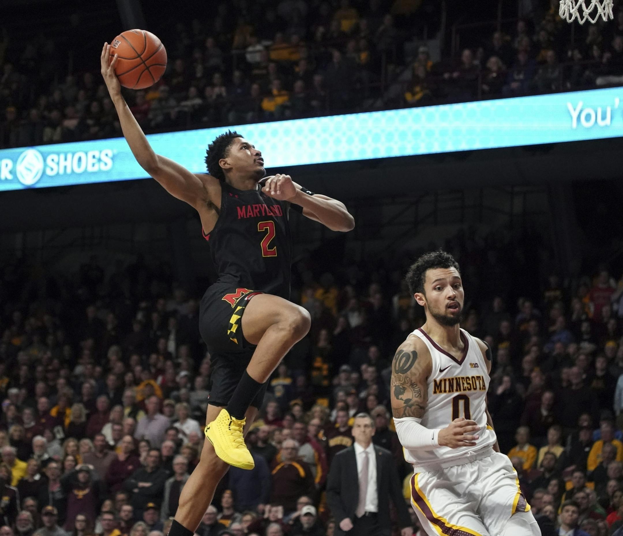 Maryland Terrapins guard Aaron Wiggins (2) jumped for a dunk in the second half.