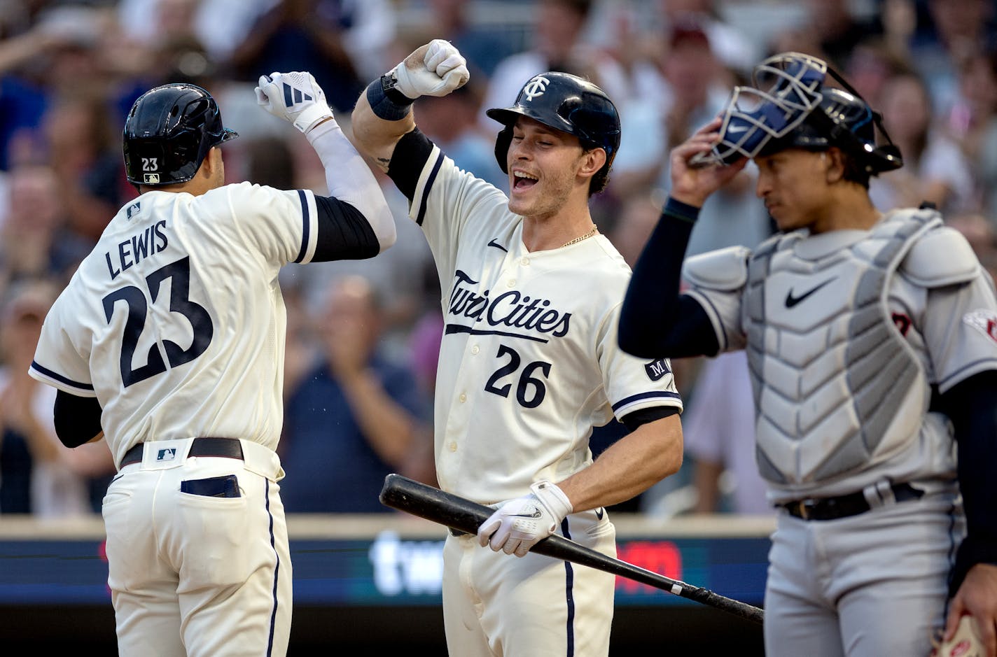 Royce Lewis of the Minnesota Twins is greeted by Max Kepler after hitting a grand slam in the second inning Monday, August 28, 2023, Target Field in Minneapolis, Minn. ] CARLOS GONZALEZ • carlos.gonzalez@startribune.com