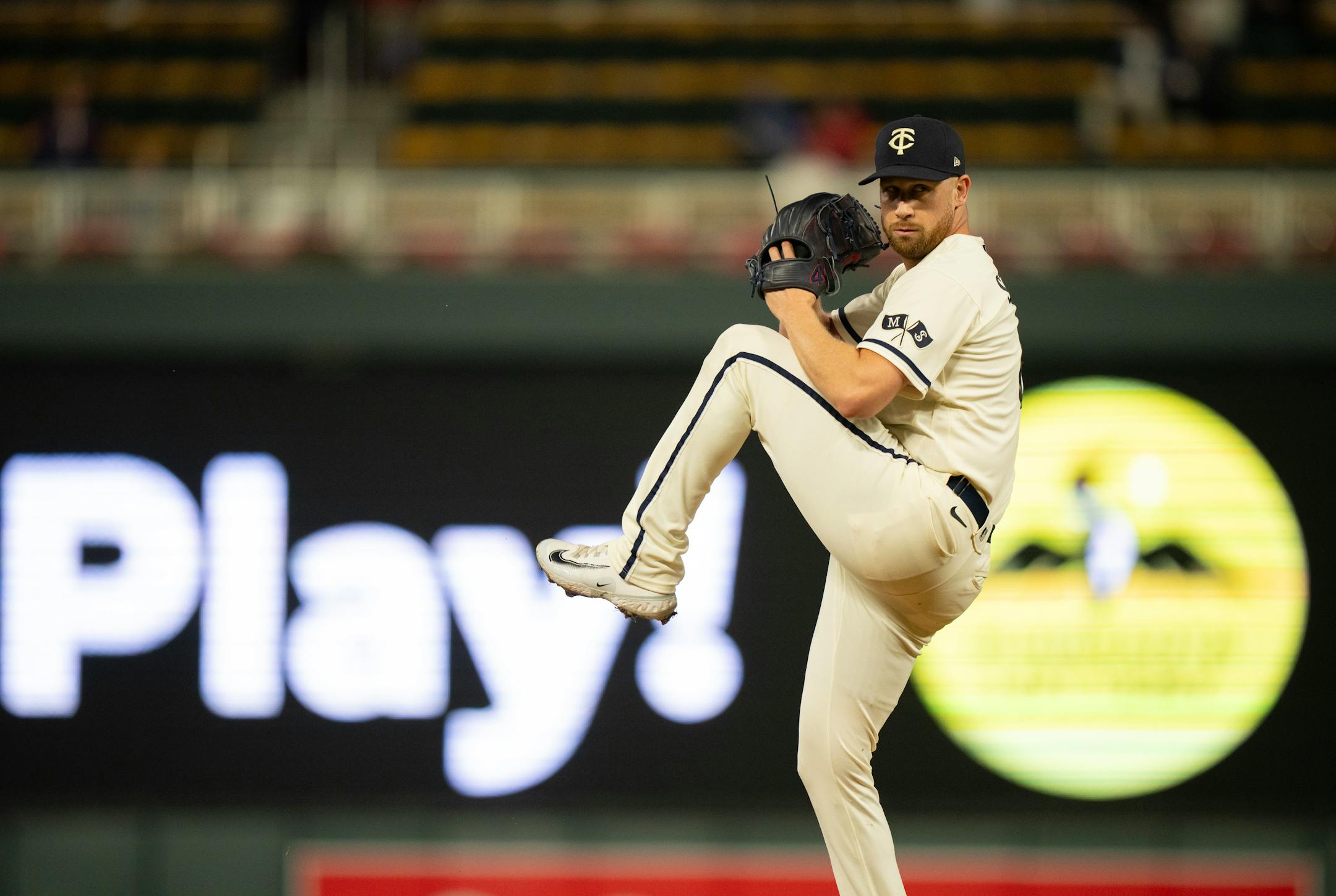 Closer Minnesota Twins relief pitcher Brock Stewart wound up for a ninth inning pitch. The Minnesota Twins defeated the Oakland Athletics 11-3 in an MLB baseball game Tuesday night, September 26, 2023 at Target Field in Minneapolis. ] JEFF WHEELER • jeff.wheeler@startribune.com