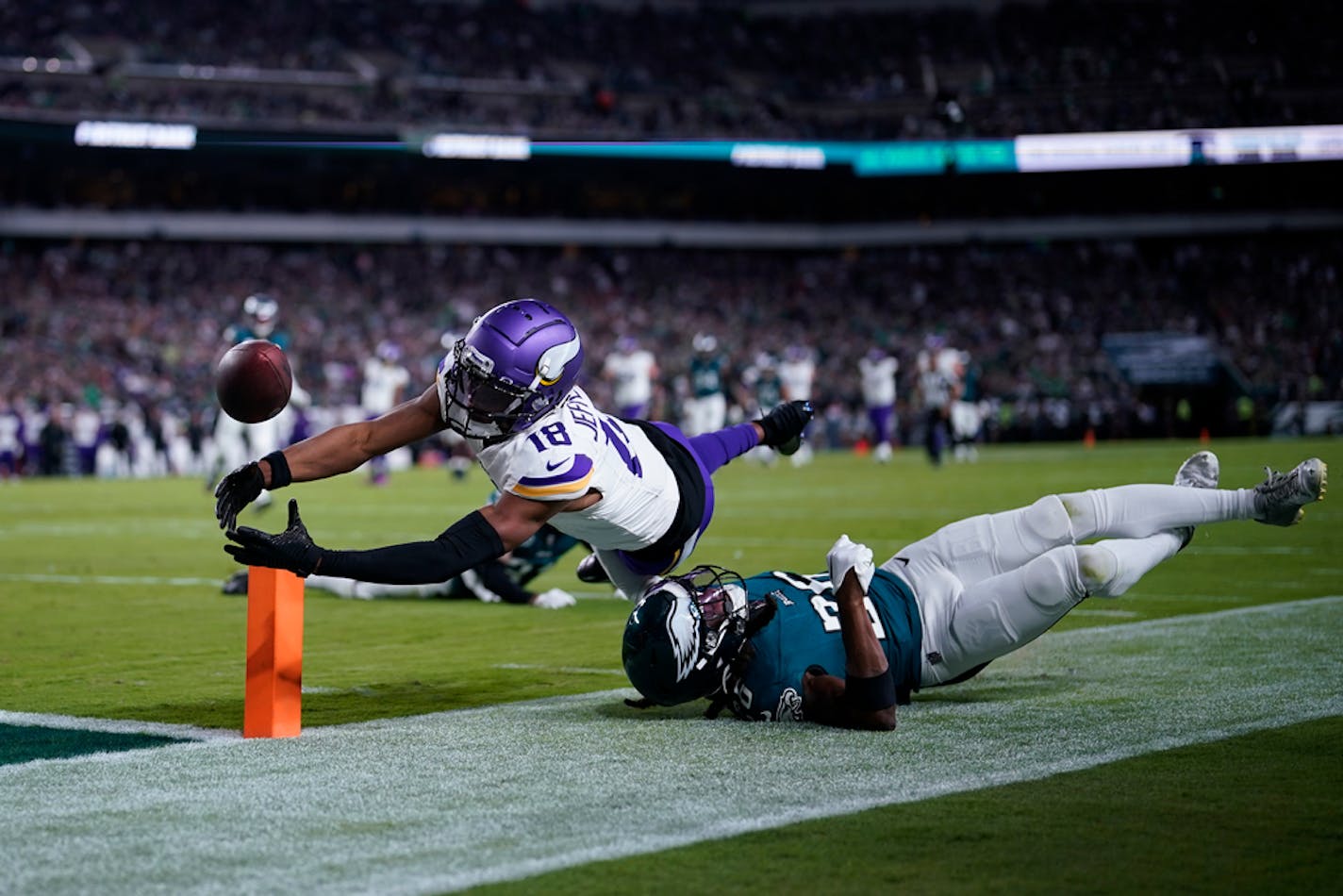 Minnesota Vikings' Justin Jefferson is tackled by Philadelphia Eagles' Terrell Edmunds during an NFL football game, Thursday, Sept. 14, 2023, in Philadelphia. (AP Photo/Matt Slocum)