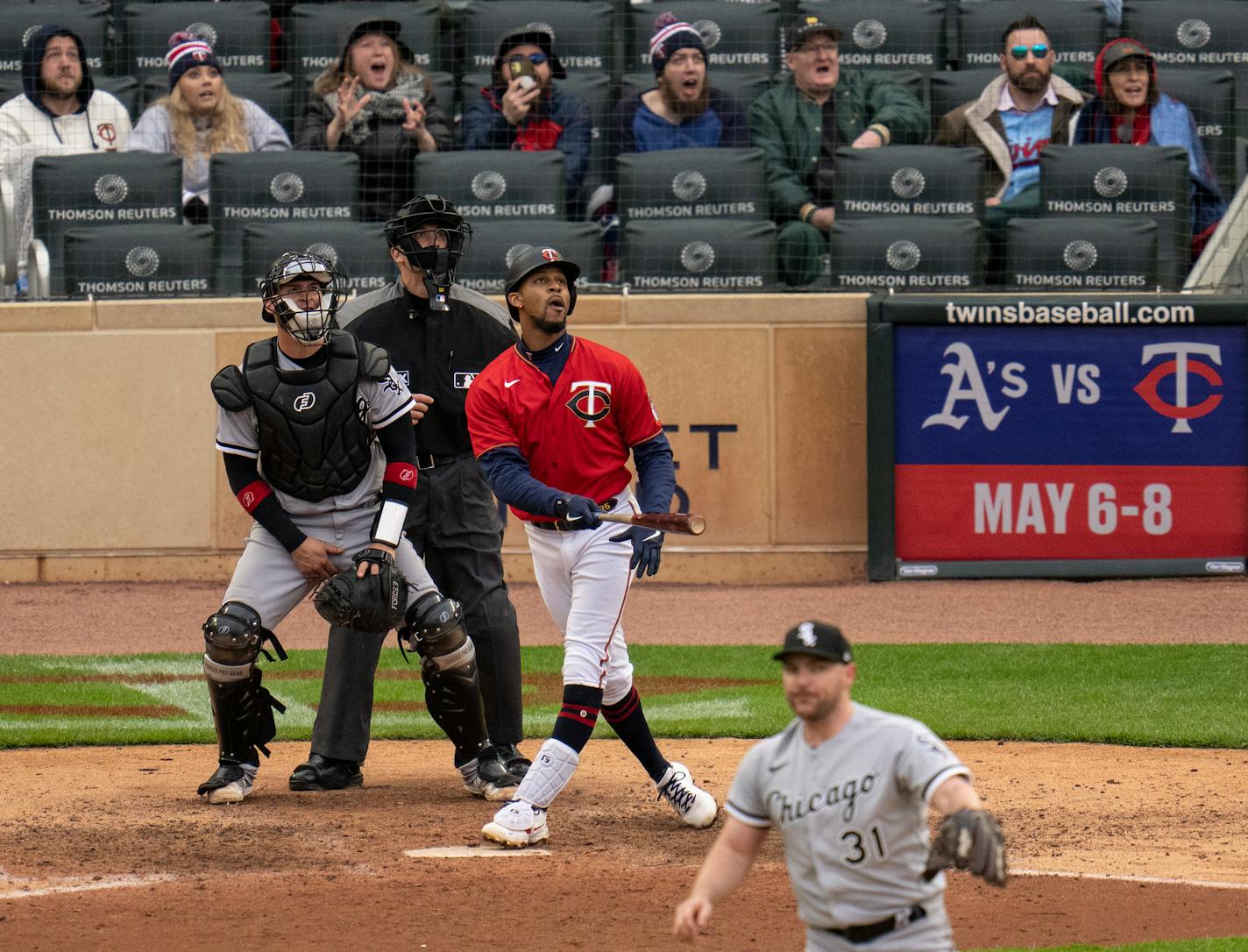 Minnesota Twins centerfielder Byron Buxton (25) hit a 3 run home on Chicago White Sox relief pitcher Liam Hendriks (31) in the 10th inning giving the Twins a 6-4 win over Chicago in Minneapolis, Minn., on Sunday, April 24, 2022.