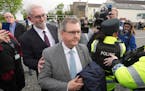 Former DUP leader Sir Jeffrey Donaldson arrives at Newry Magistrates' Court, where he is charged with several historical sexual offences, in Newry, No