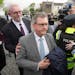 Former DUP leader Sir Jeffrey Donaldson arrives at Newry Magistrates' Court, where he is charged with several historical sexual offences, in Newry, No