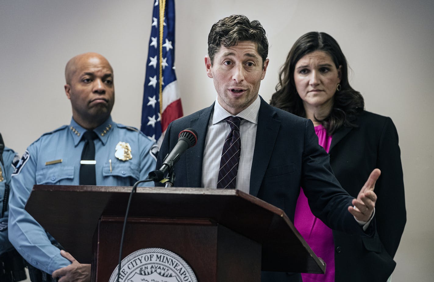 Mayor Jacob Frey addressed overhauling the department's off-duty employment program with Police Chief Medaria Arradondo and Linea Palmisano of Ward 13 by his side.] Concerned about police officer exhaustion and burnout, Minneapolis Mayor Jacob Frey, police Chief Medaria Arradondo and other leaders have formed a task force charged with overhauling the department's off-duty employment program. RICHARD TSONG-TAATARII &#xa5; ricard.tsong-taatarii@startribune.com