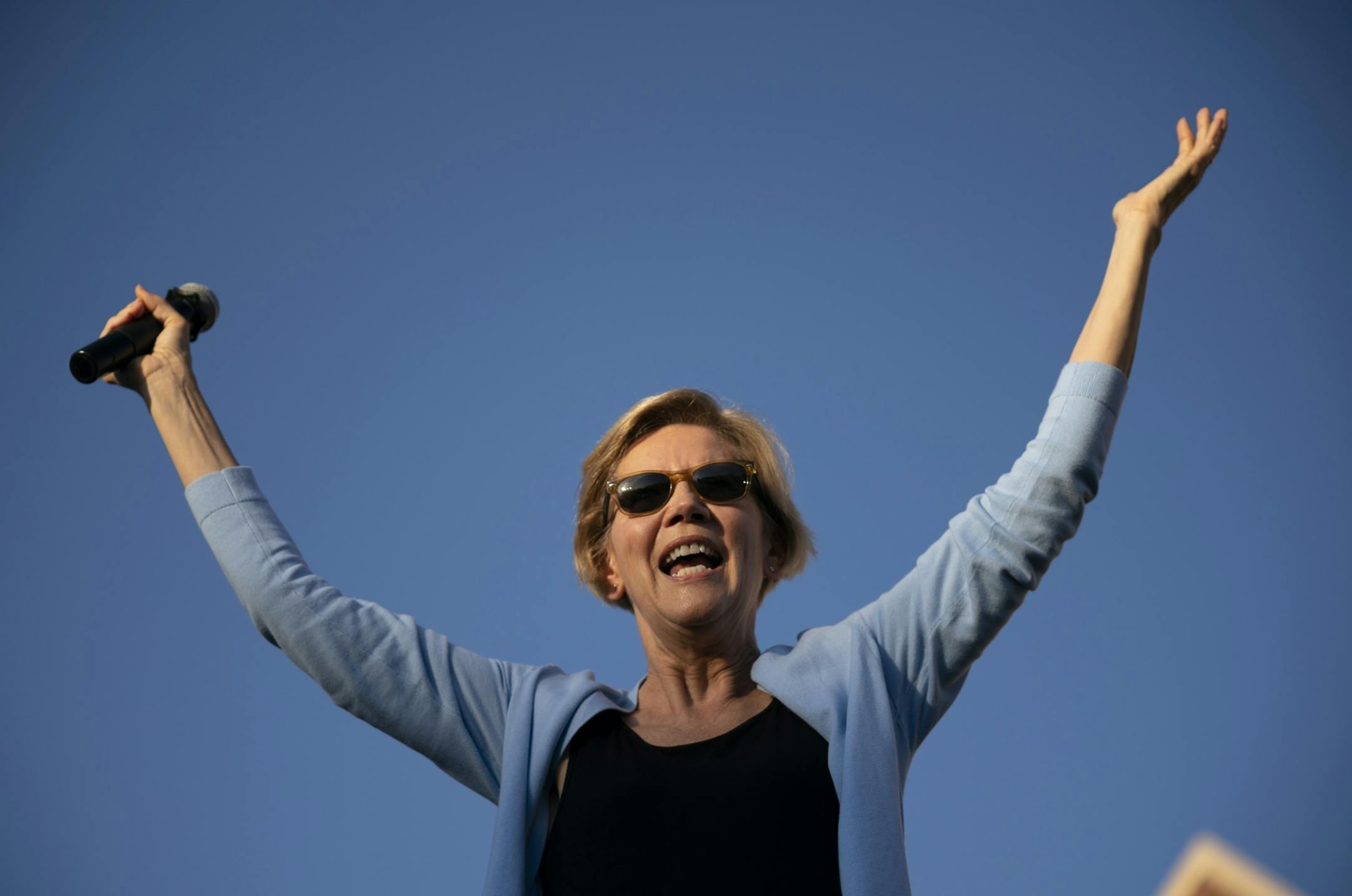 Sen. Elizabeth Warren during her her Town Hall on Shaw Field at Macalester College Monday evening.