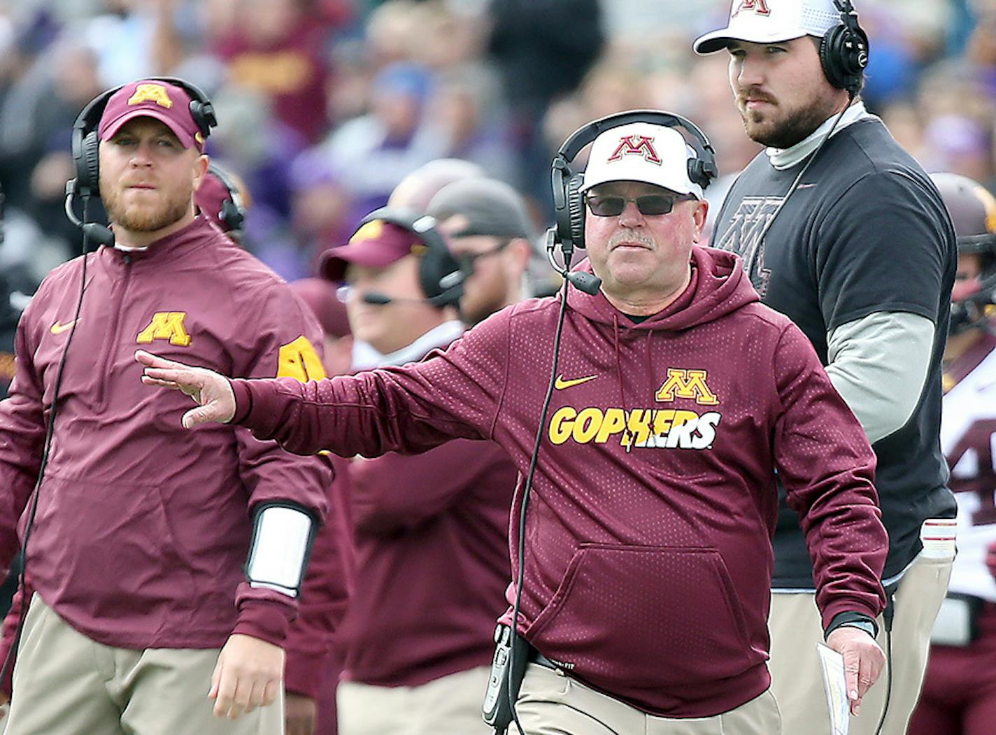 Minnesota's Jerry Kill made his way down the sideline in the first quarter as Minnesota took on the Northwestern Wildcats at Ryan Field, Saturday, October 3, 2015 in Evanston, IL.