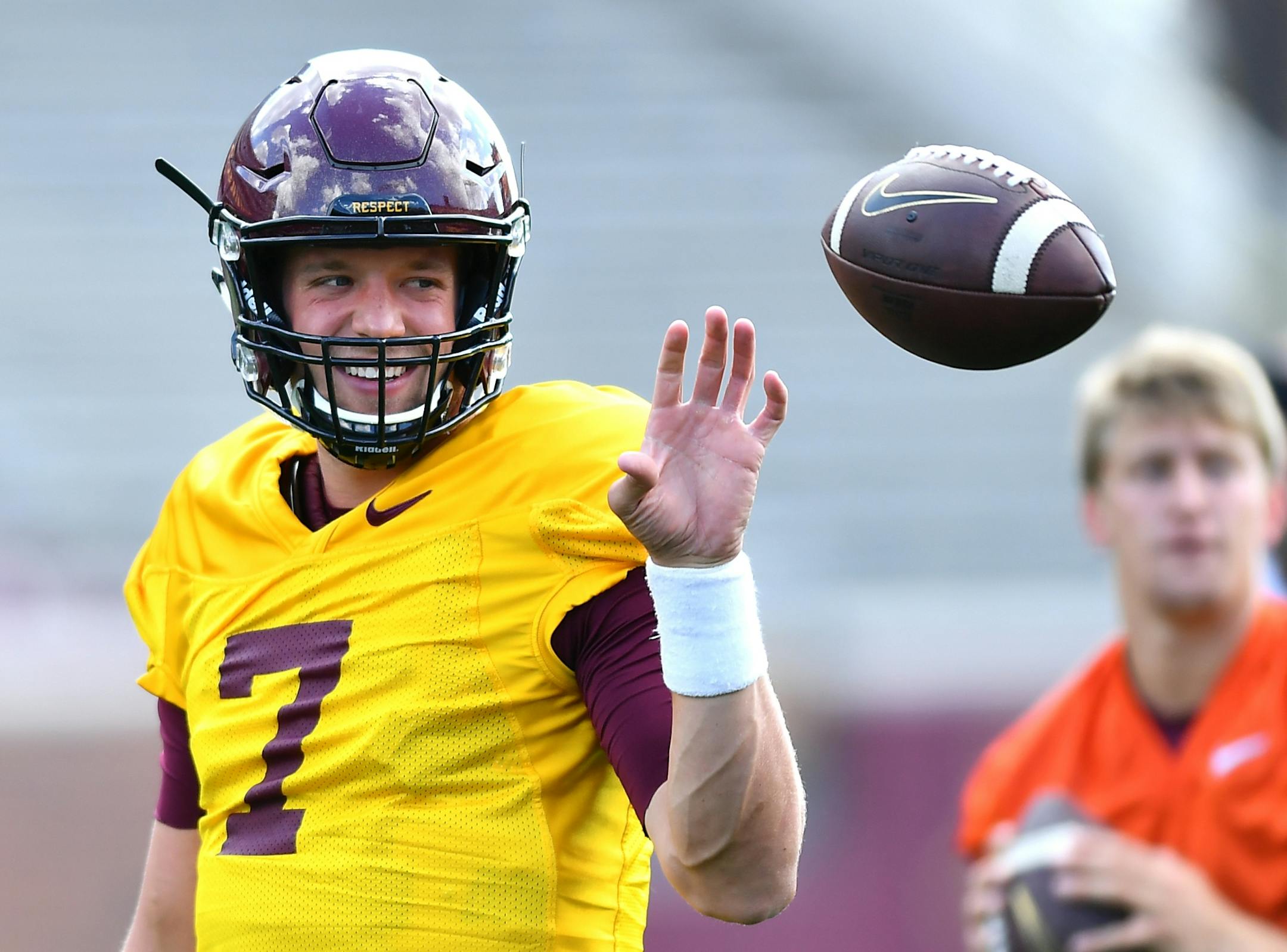 Gophers quarterback Mitch Leidner joked with a trainer during practice prior to Saturday's scrimmage.