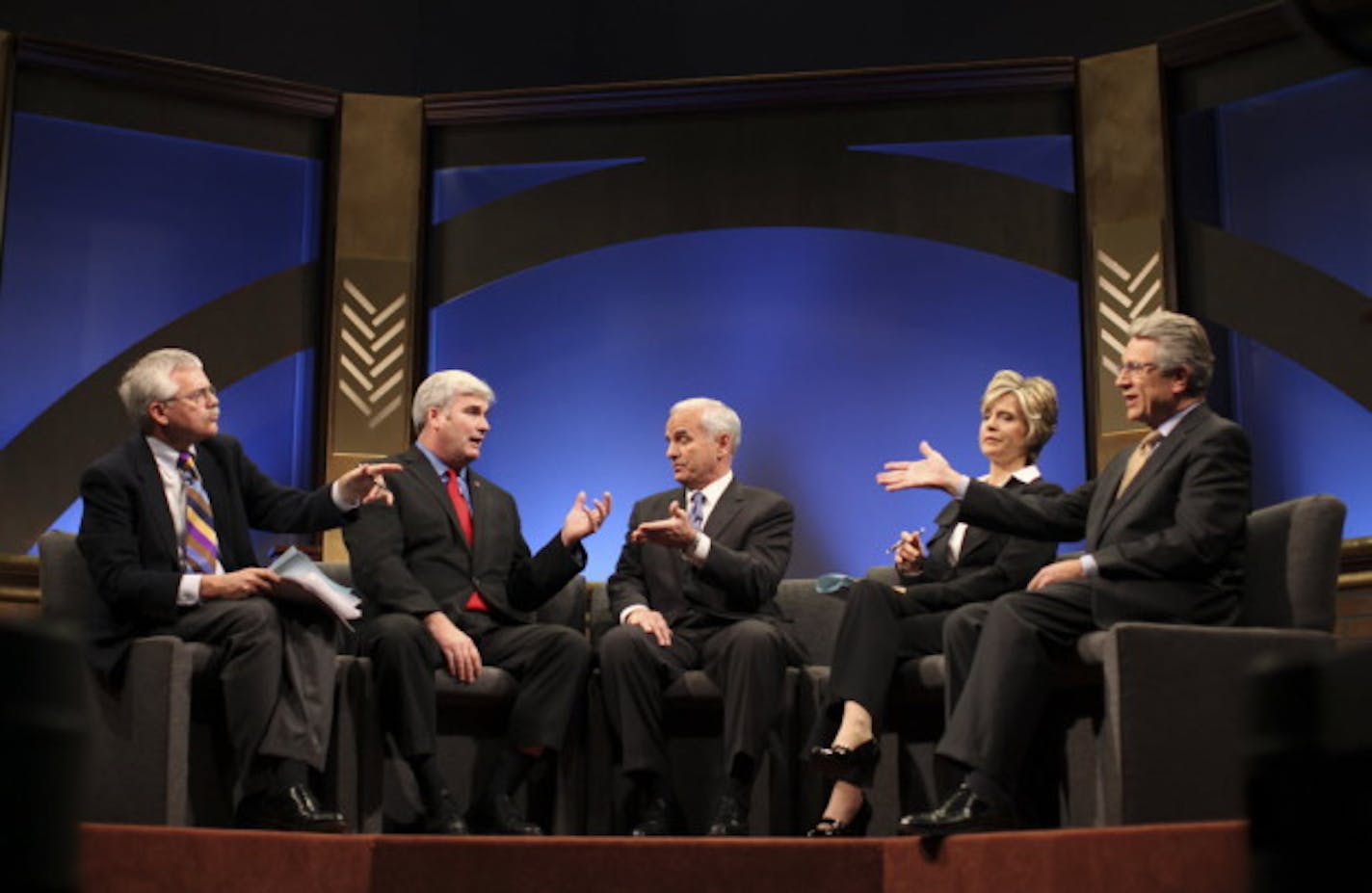 From left to right: Eric Eskola, Tom Emmer, Mark Dayton, Cathy Wurzer and Tom Horner in 2010 "Almanac" debate.