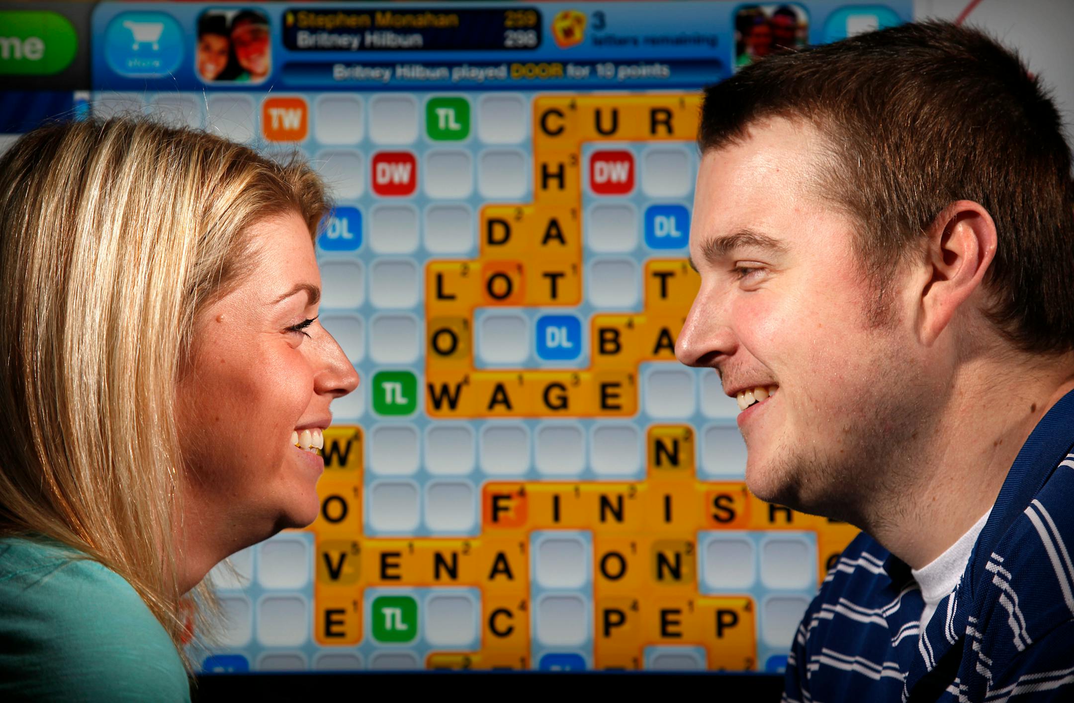Stephen Monahan, right, and Britney Hilbun, pictured March 20, 2012, who met through the online game Words With Friends, are now newly engaged and living in Tyler, Texas. The Scrabble-like game, accessible on smart phones, boasts about 20 million players worldwide. (Tom Fox/Dallas Morning News/MCT)