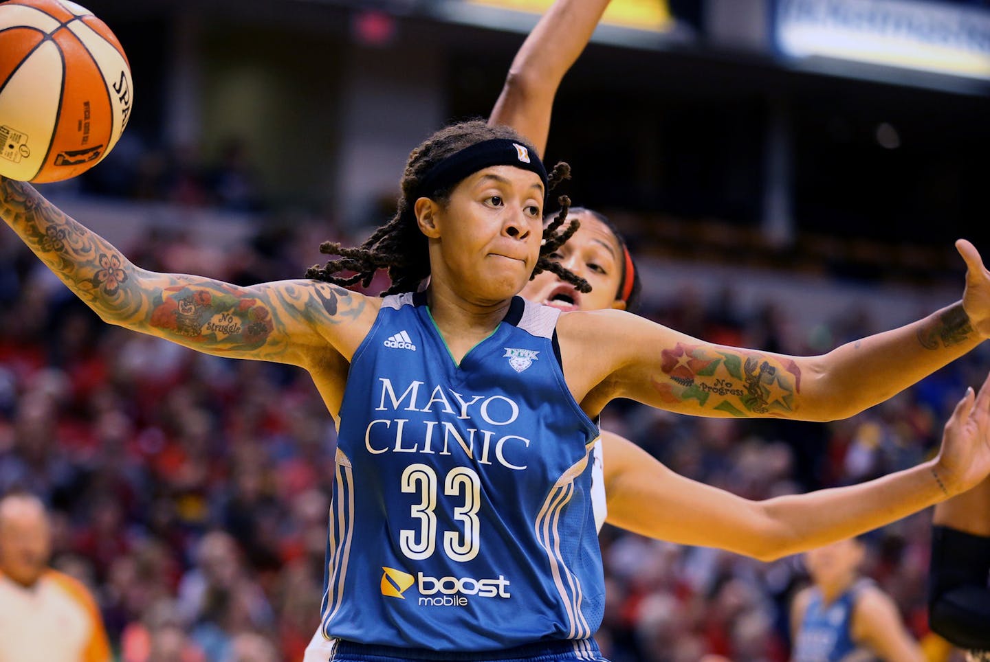 Lynx Seimone Augustus caught the ball under the basket during the second quarter. ] (KYNDELL HARKNESS/STAR TRIBUNE) kyndell.harkness@startribune.com Game 3 of the WNBA finals Lynx vs Indiana at the Target Center in Minneapolis Min., Friday October 9, 2015 ORG XMIT: MIN1510092008230223