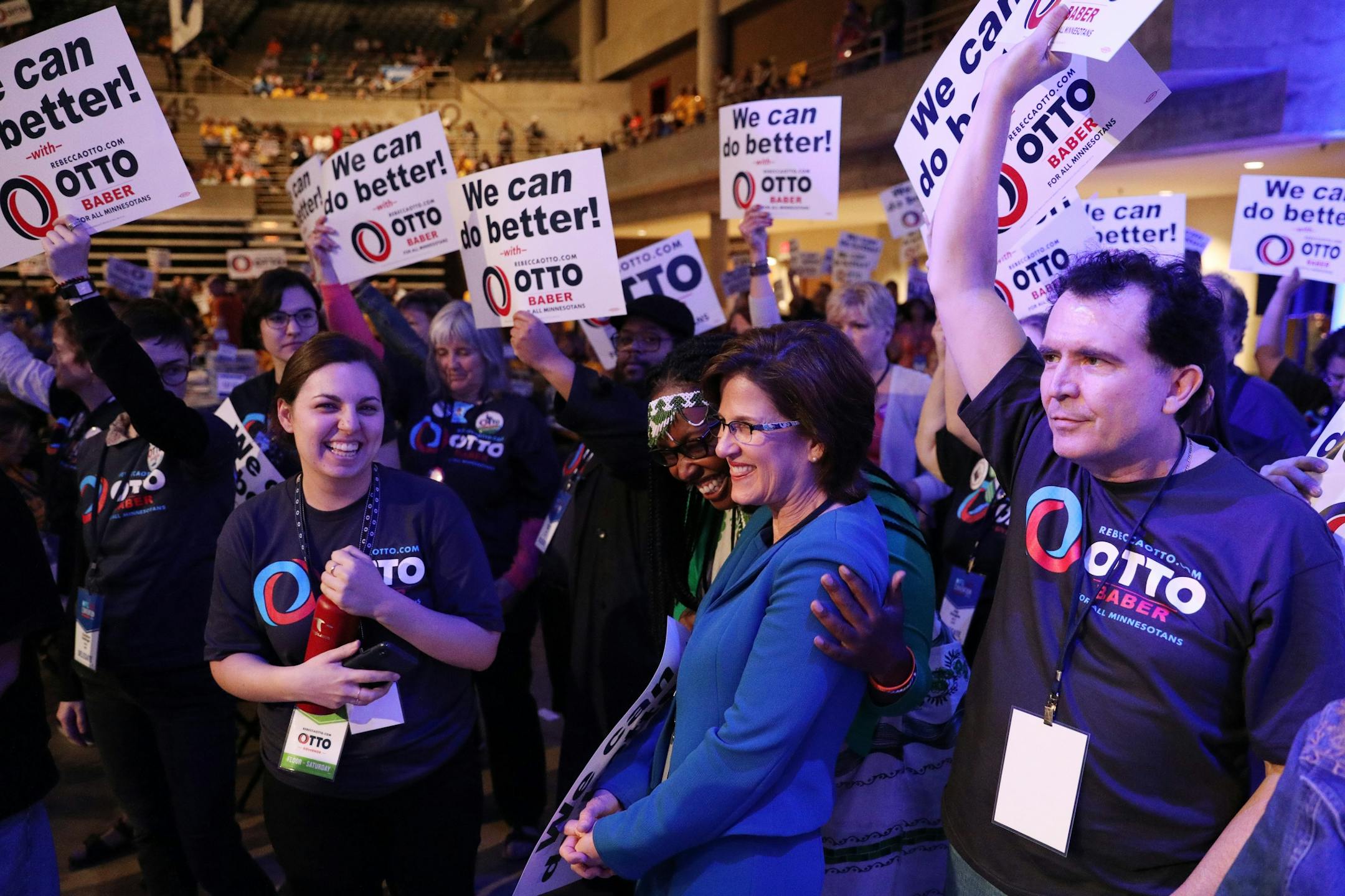 Gubernatorial candidate Rebecca Otto was hugged by a supporter as she waited off stage to speak during the DFL State Convention Saturday.