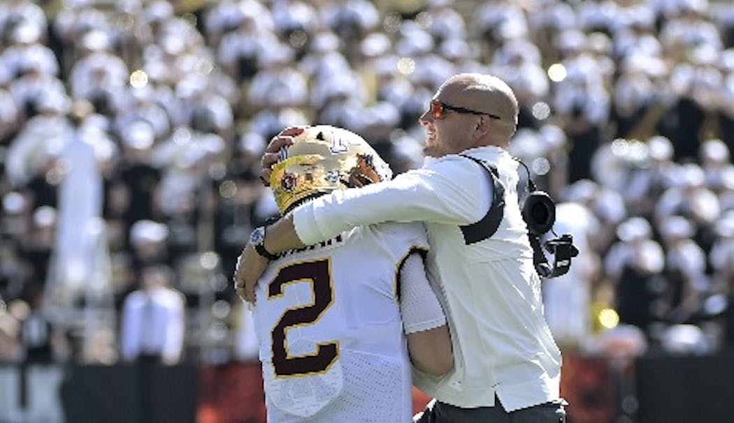 Gophers football coach P.J. Fleck offered quarterback Tanner Morgan his congratulations — before Morgan’s engagement — after a fourth-quarter touchdown pass against Colorado on Sept. 18. 
