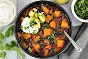 Black Bean, Poblano and Butternut Squash Chili is quick, easy, delicious and freezable. Recipe and photo by Meredith Deeds, Special to the Star Tribun