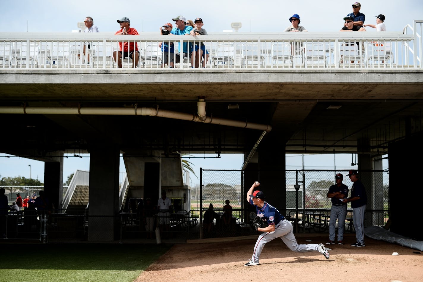 Minnesota Twins starting pitcher Drew Rucinski (80) threw a pitch in the bullpen while warming up for live batting practice Tuesday.