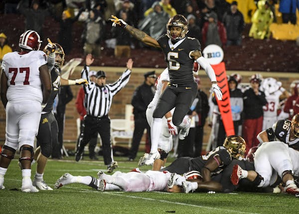 Minnesota Golden Gophers defensive back Chris Williamson (6) celebrated after his team forced a fumble late in the fourth quarter, giving the Gophers 