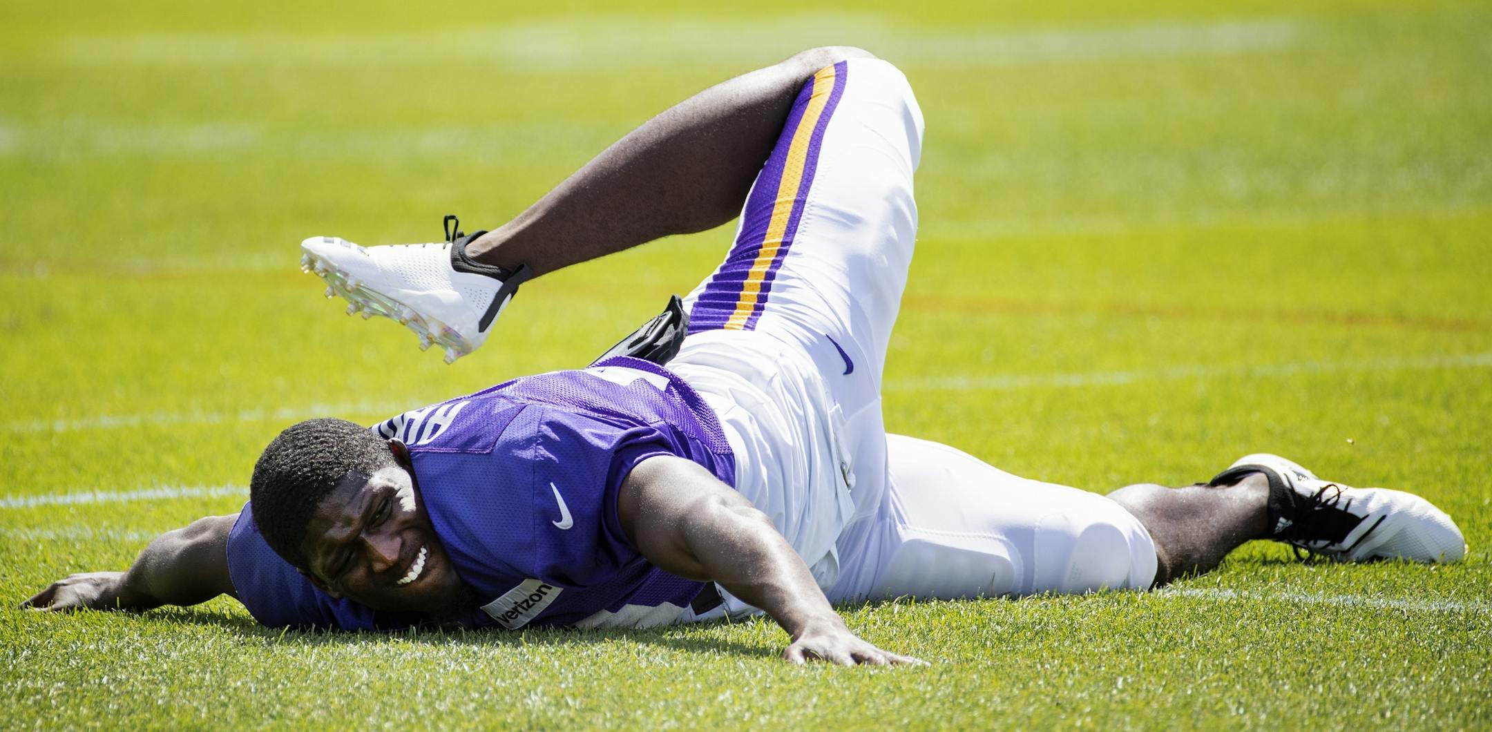 Minnesota Vikings Xavier Rhodes stretched out during practice.