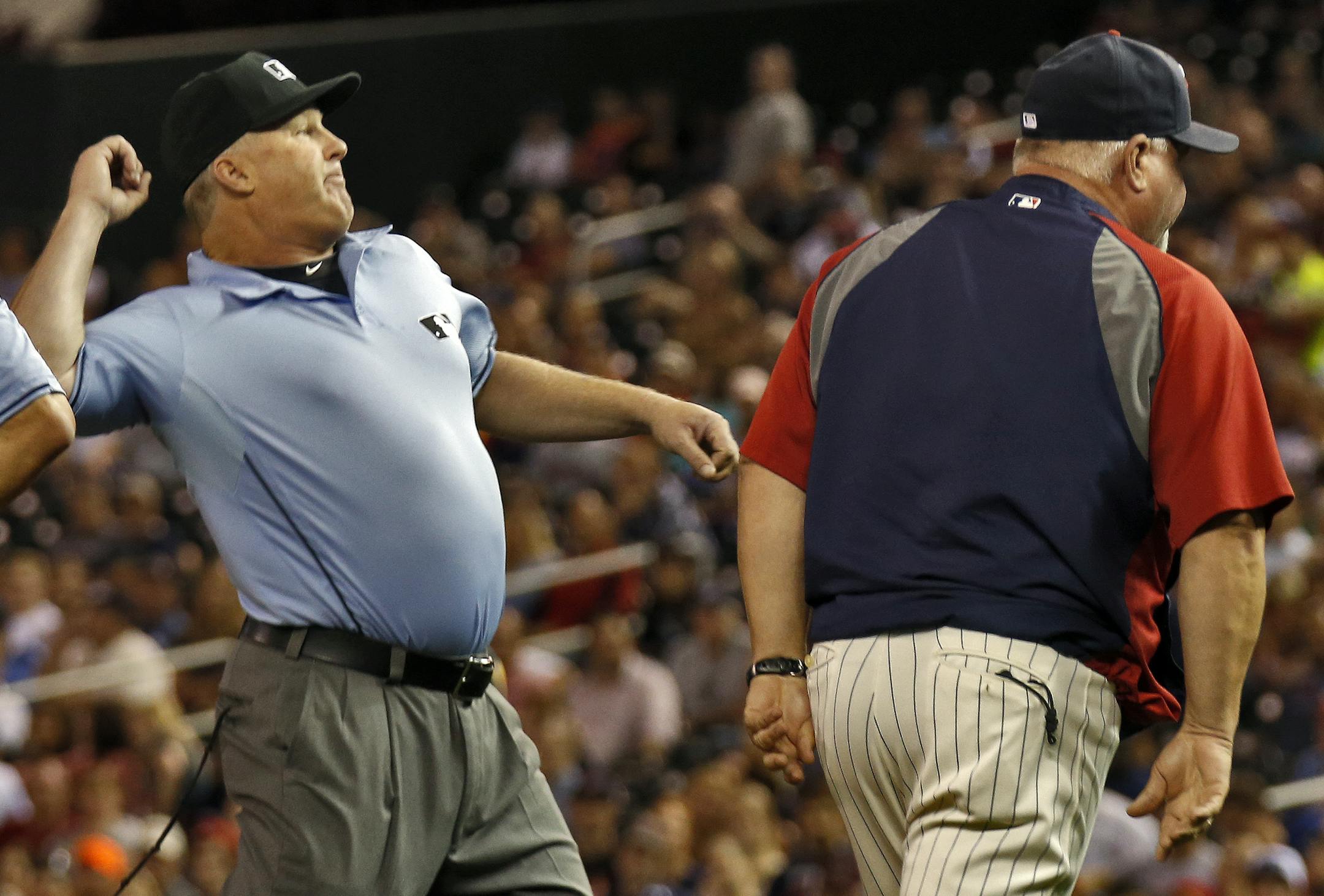 Minnesota Twins vs. Oakland Athletics. Frist base umpire Bill Miller ejected Twins manager Ron Gardenhire from the game in the 4th inning after Gardenhire argued a fair ball call down the first base line. (MARLIN LEVISON/STARTRIBUNE(mlevison@startribune.com)
