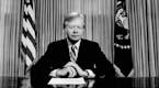 FILE - In this April 25, 1980 file photo, President Jimmy Carter prepares to make a national television address from the Oval Office at the White Hous