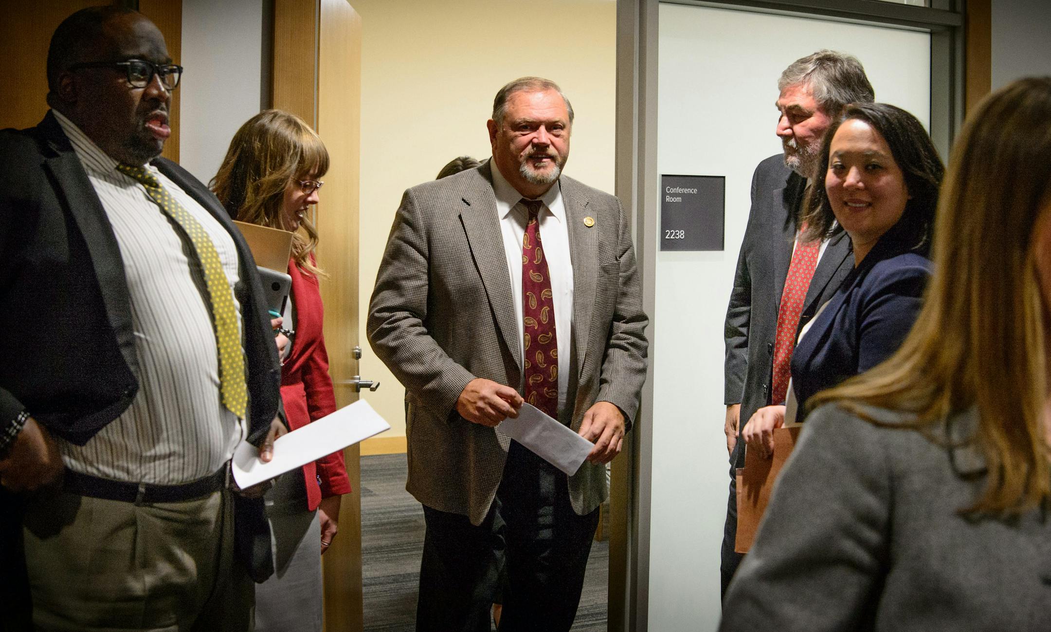 Senate DFL Leaders and staff emerged from a meeting just before releasing their 2016 Budget Targets. ] GLEN STUBBE * gstubbe@startribune.com Wednesday, April 13, 2016 Senators L to R are Sen. Jeff Hayden, Majority Leader Tom Bakk, Tax Committee Chair Sen. Rod Skoe and Assistant Majority Leader Katie Sieben.