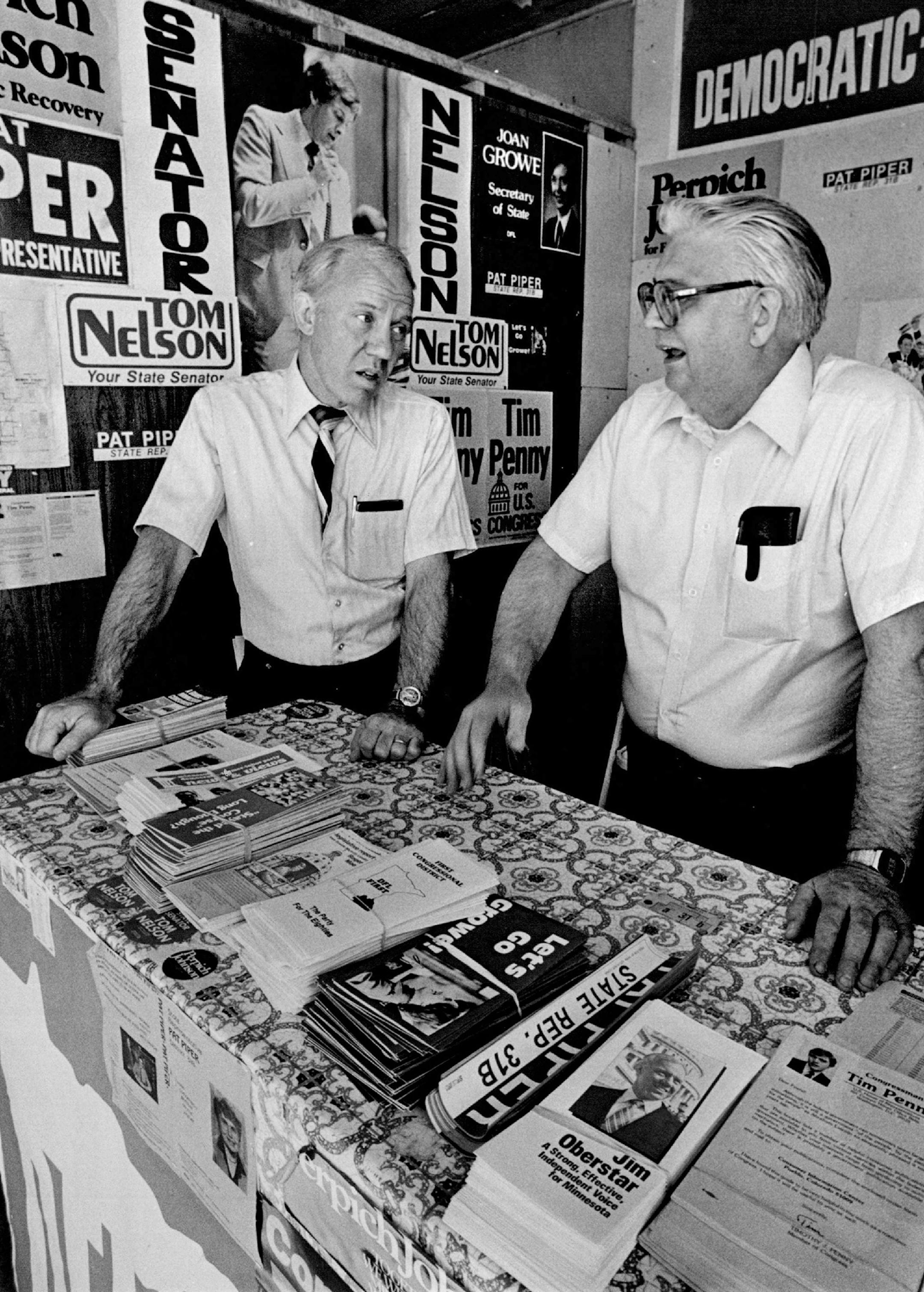 August 11, 1983 Emmett Earl, mower courty DFL chrm at the DFL booth mower county fair, Austin Zerby, Minneapolis Star Tribune