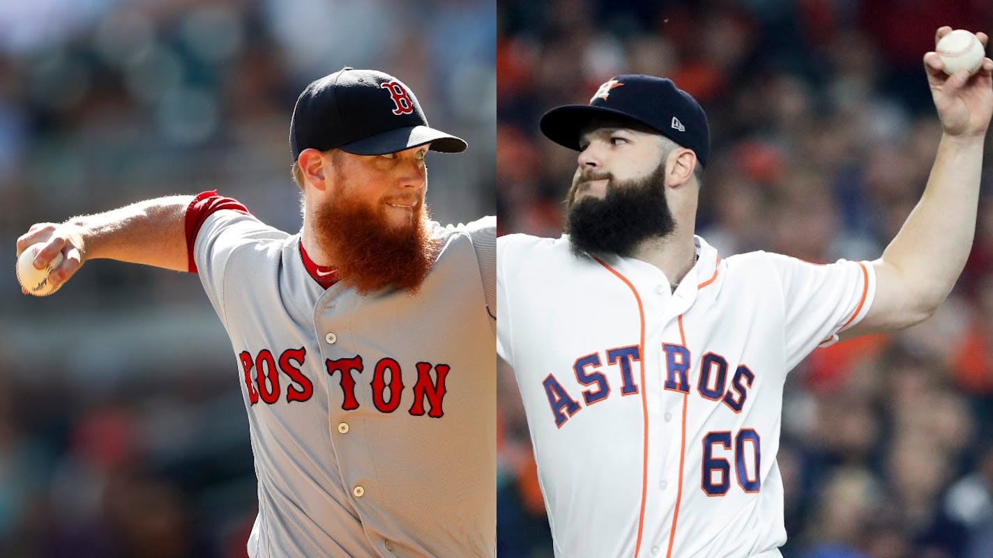 The Twins are interested in signing closer Craig Kimbrel, left, and starter Dallas Keuchel, moves that would fortify the pitching staff of a club that has made a surprising surge to baseball's best record.