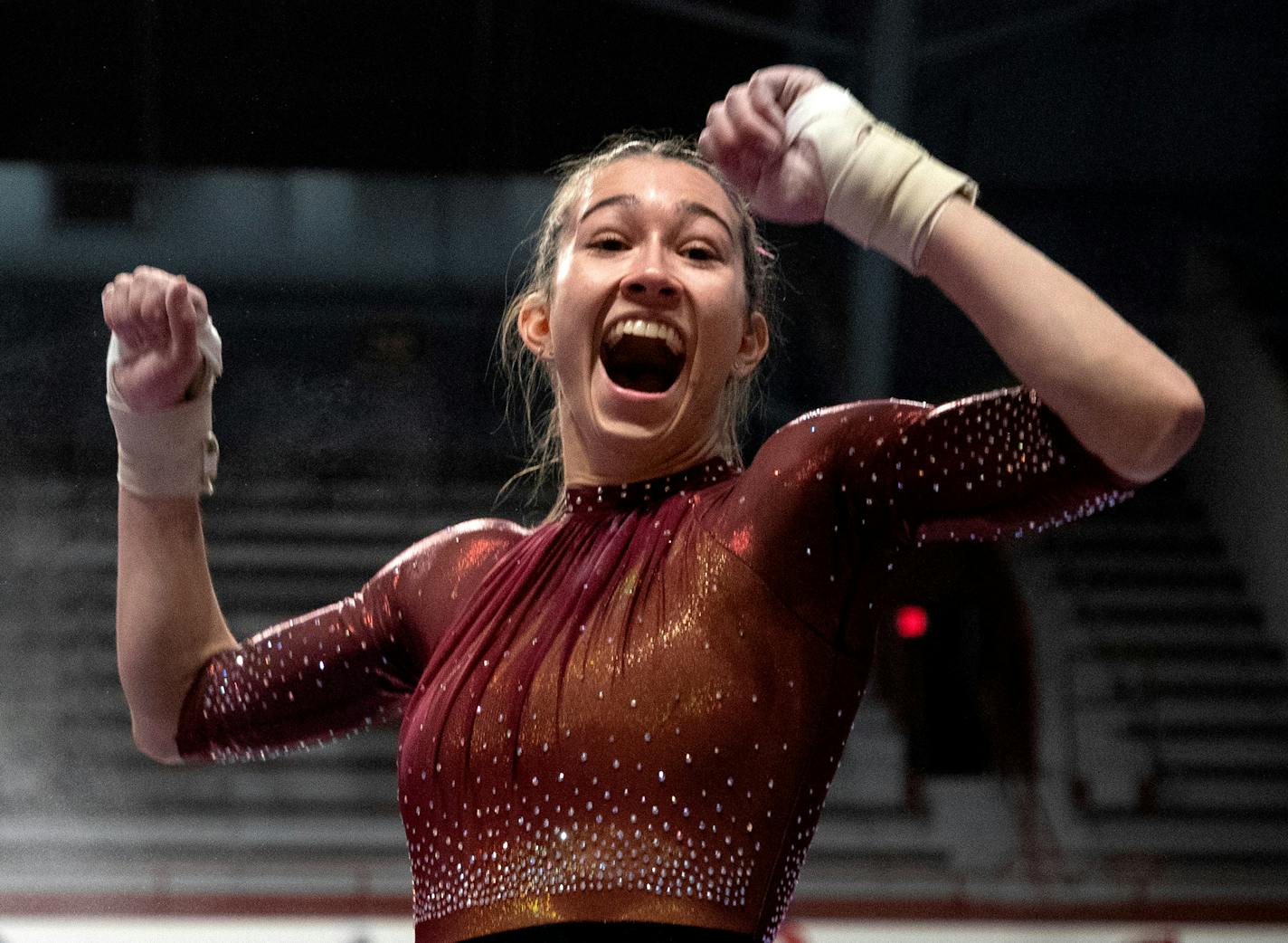 Ona Loper of Minnesota reacts after competing in the Vault Monday, Jan 24, 2022, at Maturi Pavilion in Minneapolis, Minn. ] CARLOS GONZALEZ • cgonzalez@startribune.com