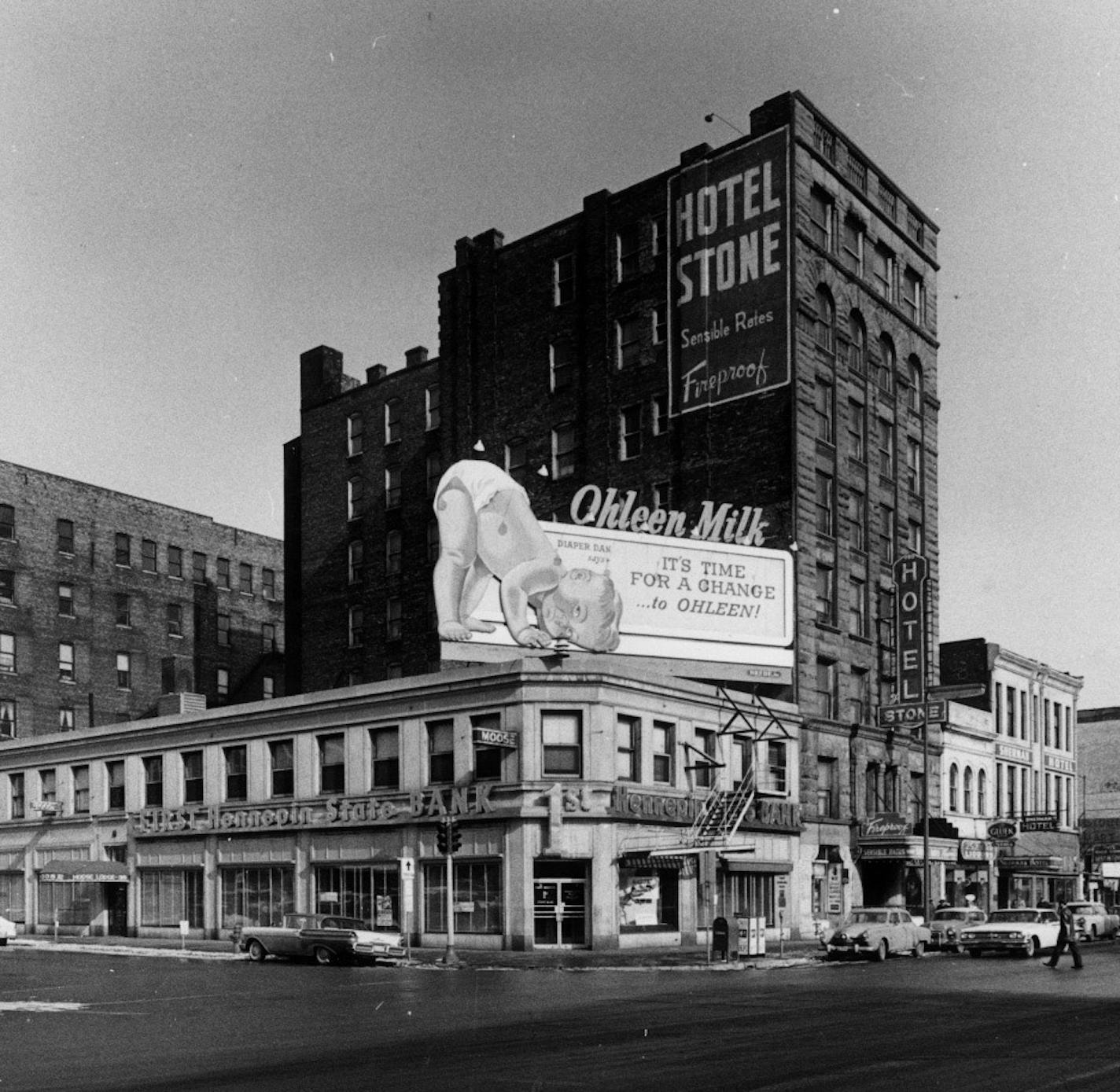 MINNEAPOLIS IN 1960 / LOWER LOOP & GATEWAY / Corner on Third Street and Hennepin Avenue -- First Hennepin State Bank, and Moose Lodge, and Hotel Stone / 1960 Minneapolis Survey Drawer Photo / Star Tribune staff file photo February 1960 by Minneapolis Star and Tribune photographer Roy Swan. ORG XMIT: MIN2017061210393616