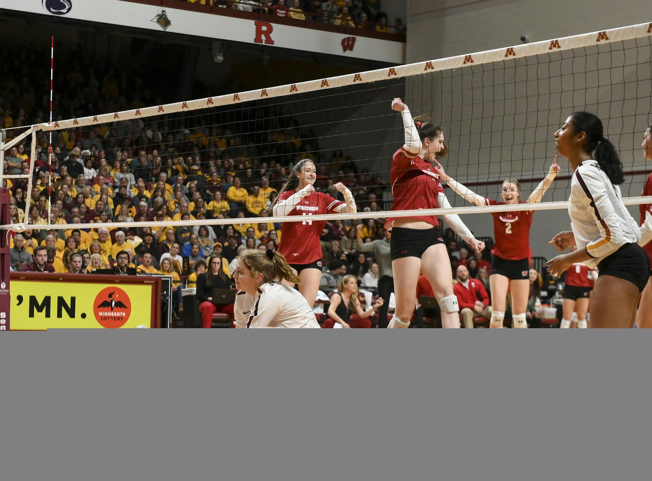 The Wisconsin Badgers celebrated a point scored against the Minnesota Gophers in the second set Thursday. ] Aaron Lavinsky • aaron.lavinsky@startribune.com The Minnesota Gophers played the Wisconsin Badgers in a volleyball game on Thursday, Nov. 14, 2019 at the University of Minnesota’s Maturi Pavilion in Minneapolis, Minn.