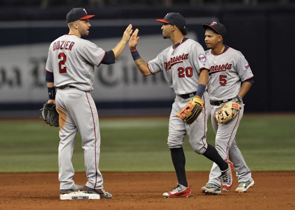 Minnesota Twins' Brian Dozier, left to right, Eddie Rosario and Jorge Polanco celebrate a 6-2 win over the Tampa Bay Rays during a baseball game Frida