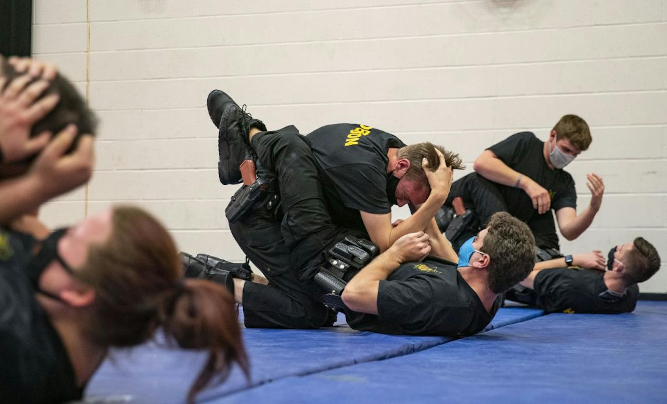 Law Enforcement trainees practiced proper ground fighting technique during defensive tactics class at Fond Du Lac Tribal and Community College in Cloquet, Minn. on Tuesday November 17, 2020.