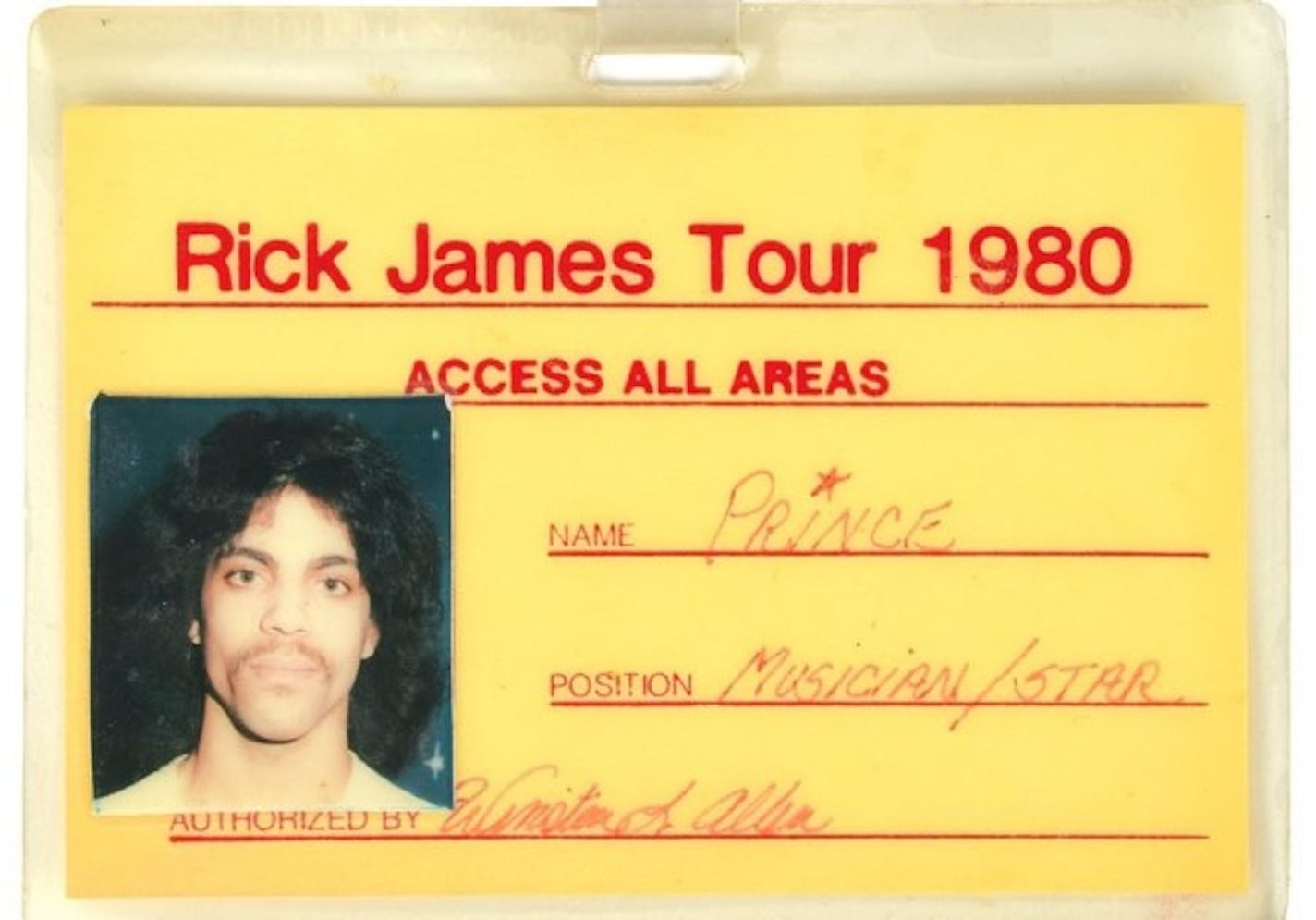 This backstage laminate from Prince's 1980 tour with "Superfreak" hitmaker James is part of RR Auction's new collection. / Courtesy RR Auction