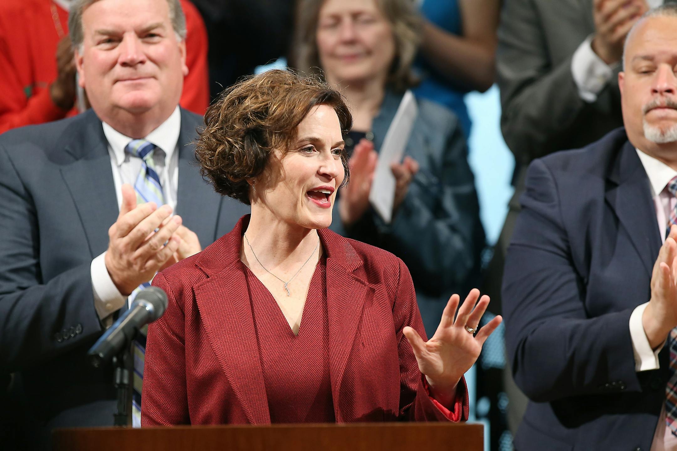 Minneapolis Mayor Betsy Hodges received a standing ovation after giving her 2016 State of the City Address at the MacPhail Center for Music, Tuesday, May 17, 2016 in Minneapolis, MN.